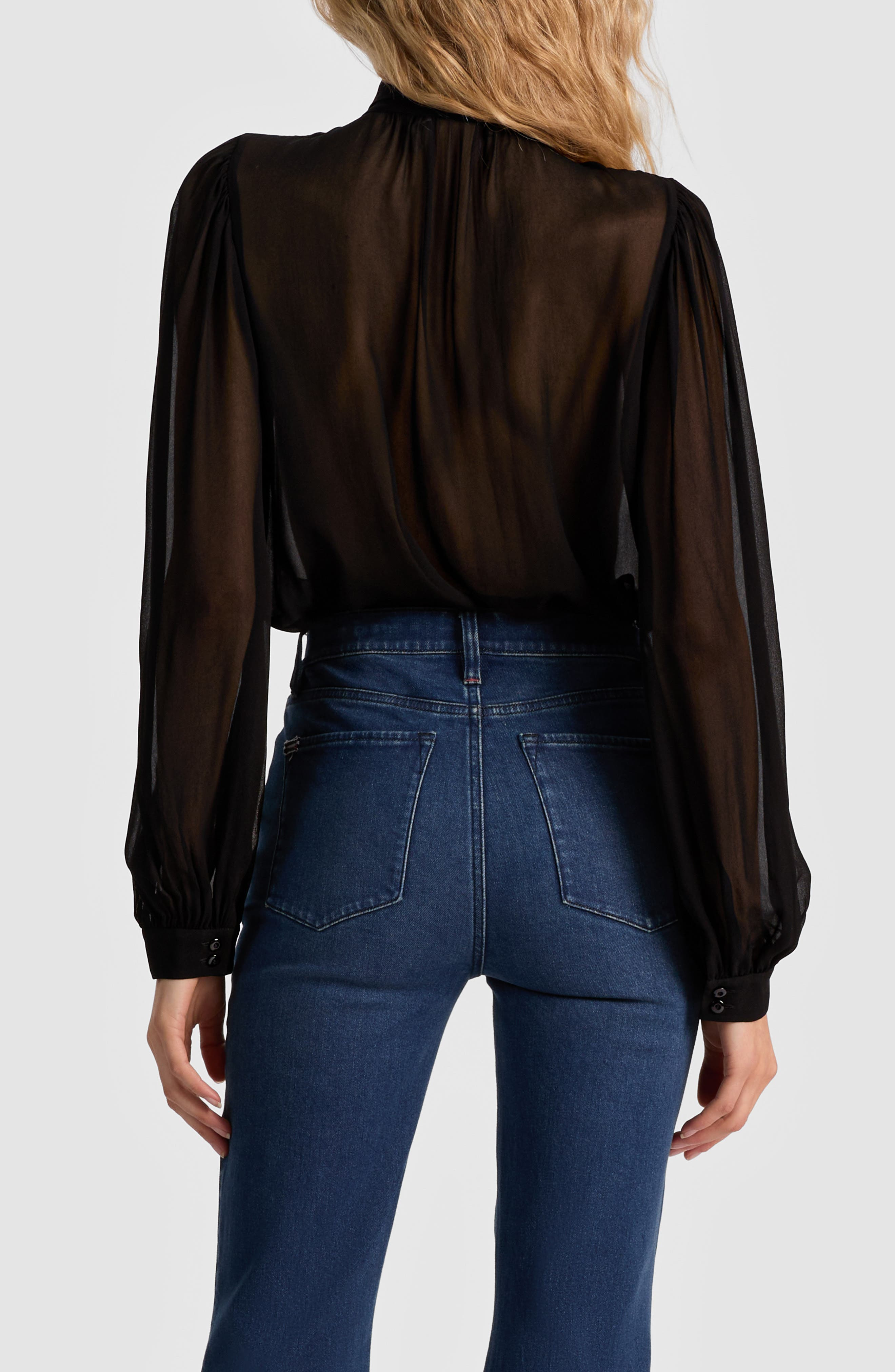 Alice + Olivia Brentley Tie Neck Sheer Long Sleeve Button-Up Shirt in Black at Nordstrom - 2