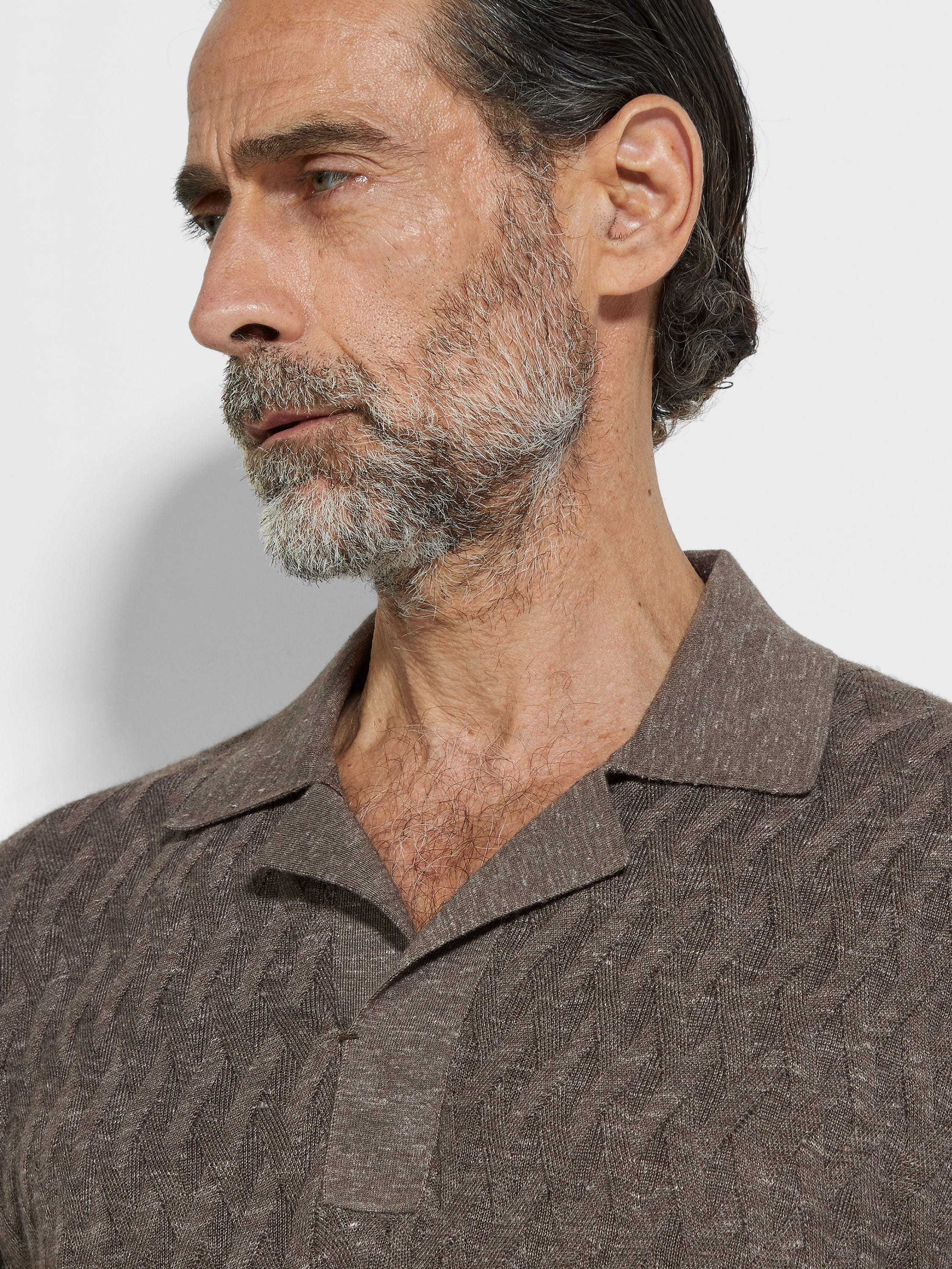 DARK TAUPE MÉLANGE SILK CASHMERE AND LINEN POLO SHIRT - 2