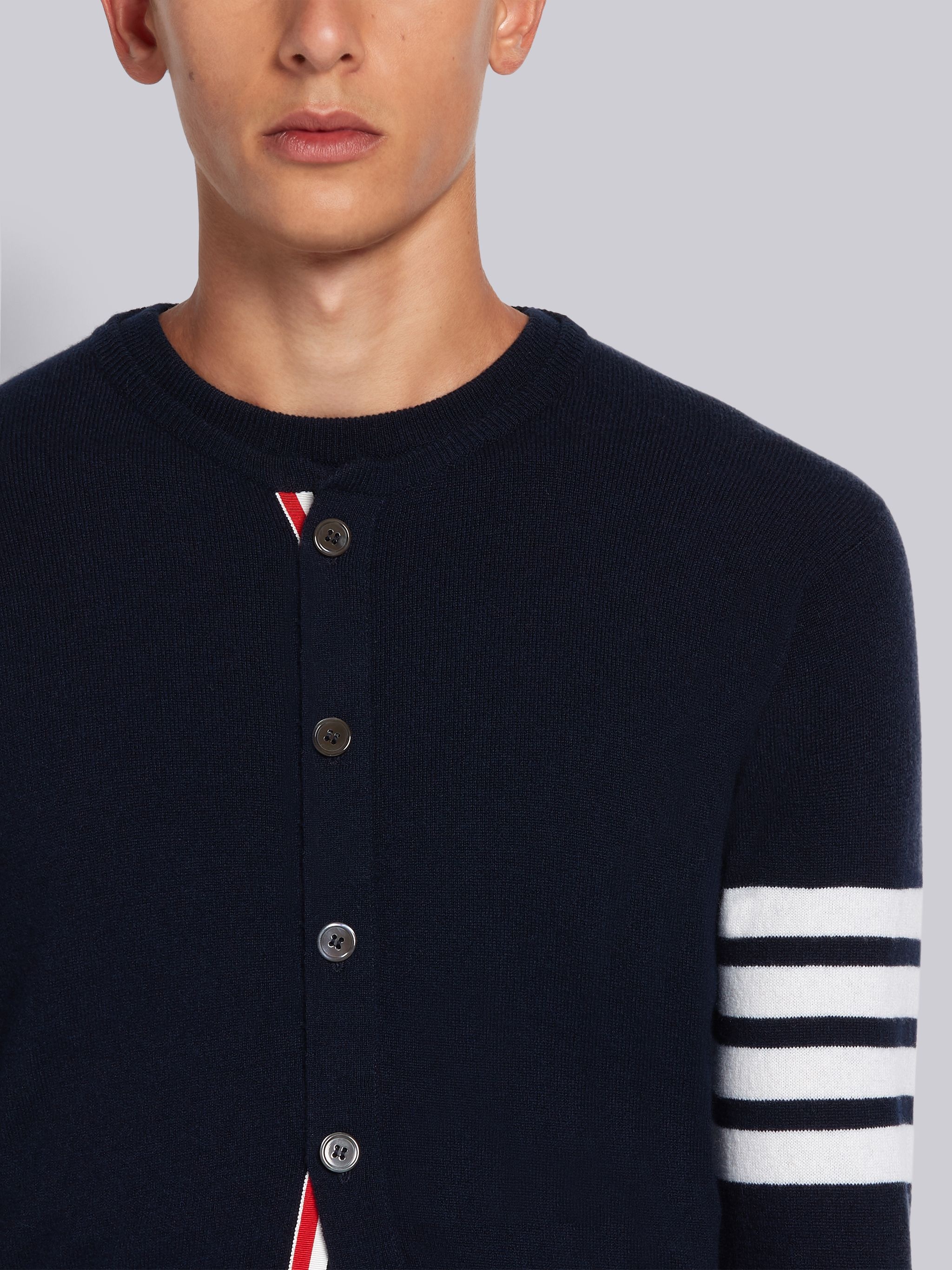 Navy Cashmere Classic 4-Bar Crewneck Cardigan - 5