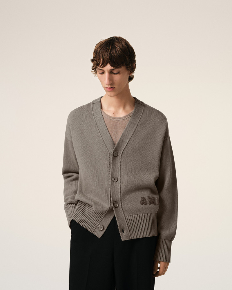 BEIGE COTTON WOOL AMI EMBROIDERED CARDIGAN 3