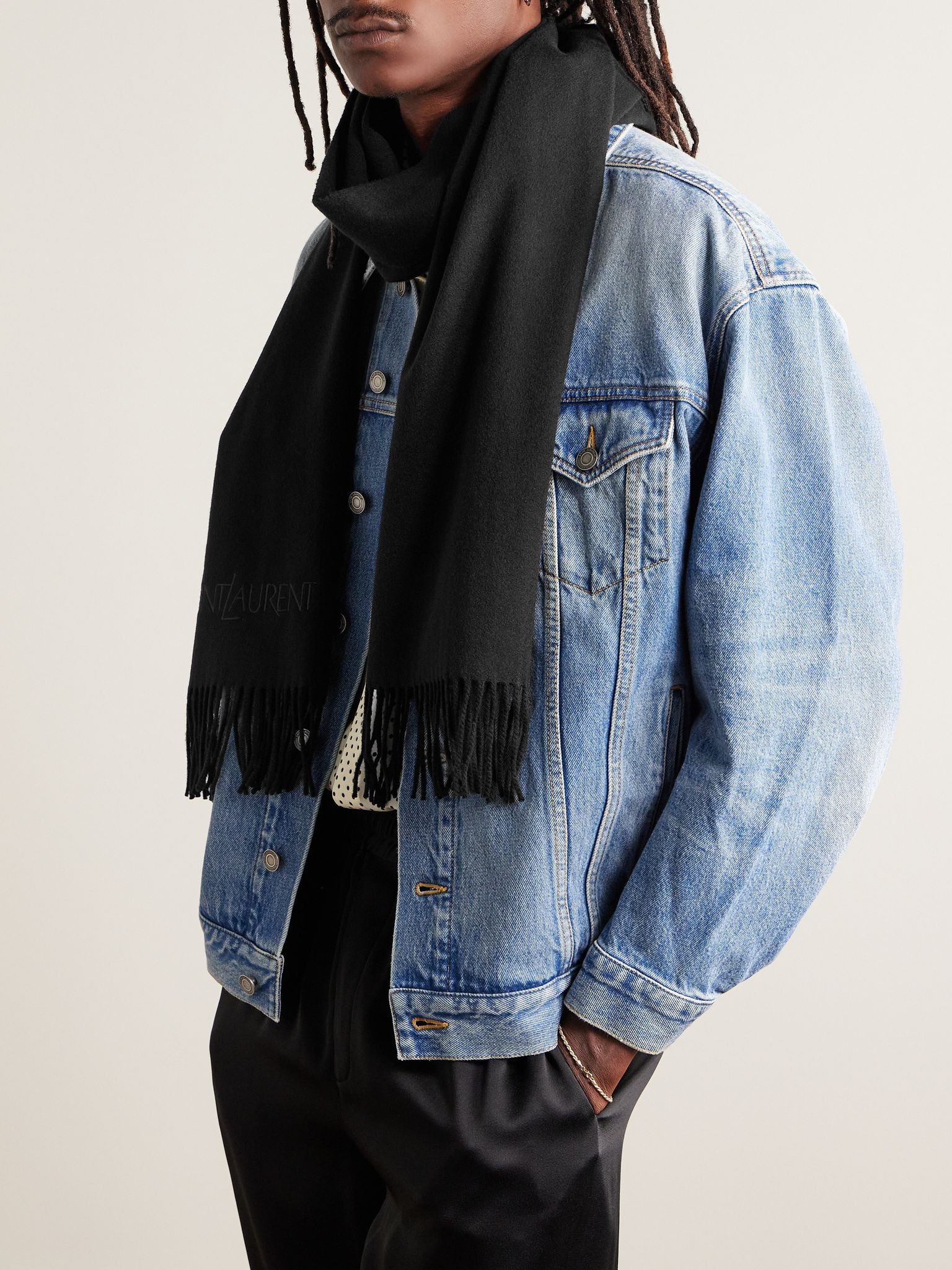 Logo-Embroidered Fringed Cashmere Scarf Black - 2