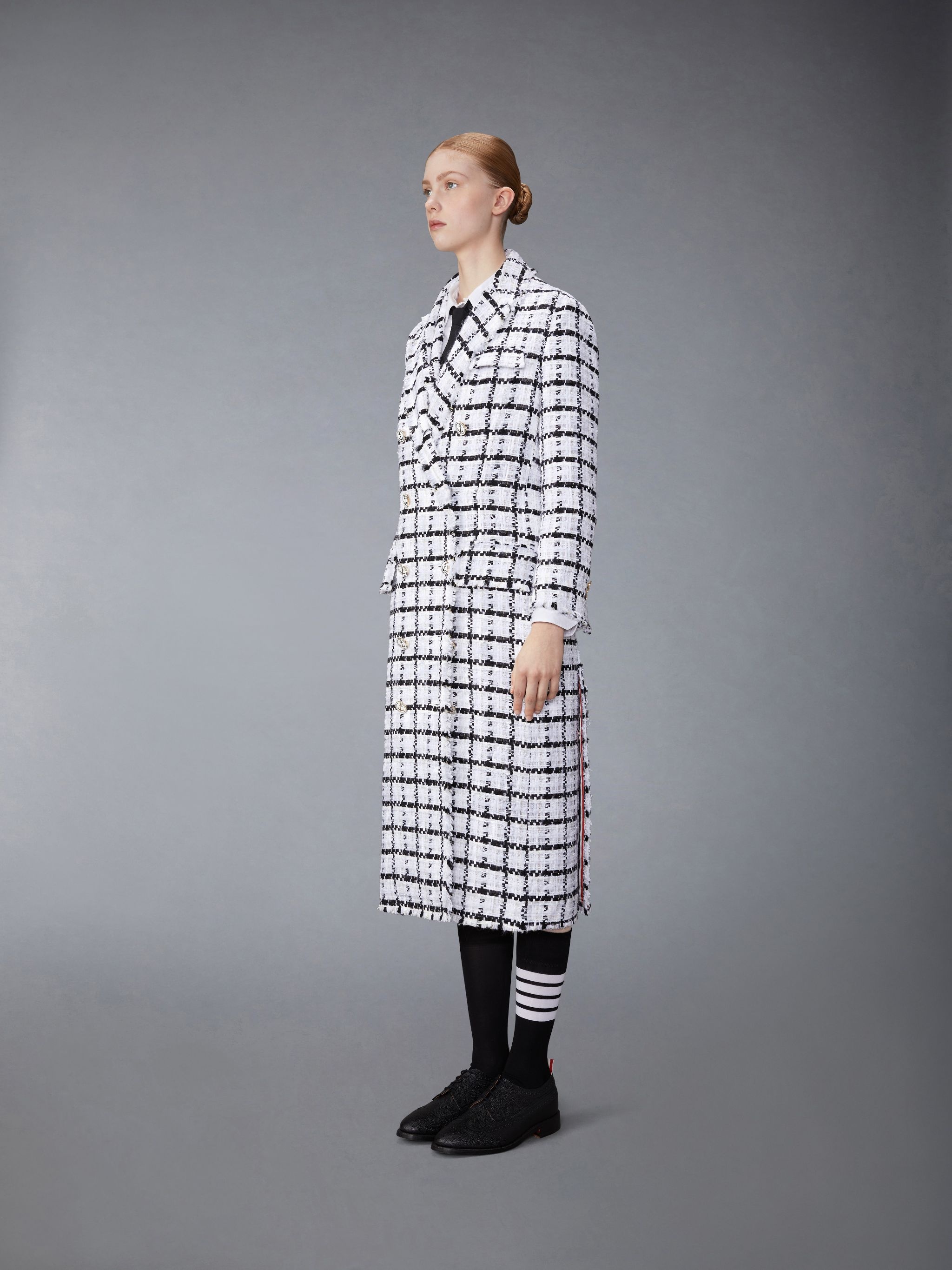 Windowpane Check Chiffon Tweed Fray Oversized Chesterfield Coat - 2