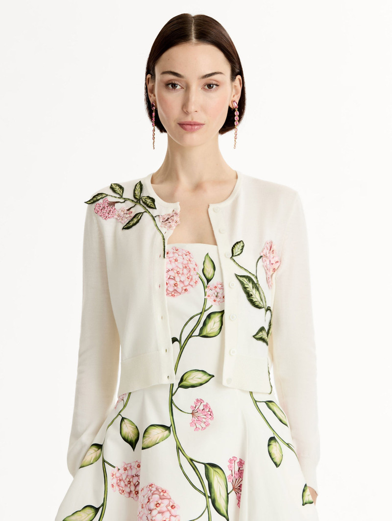 Oscar de la Renta PORCELAIN FLOWER THREADWORK CROPPED CARDIGAN outlook