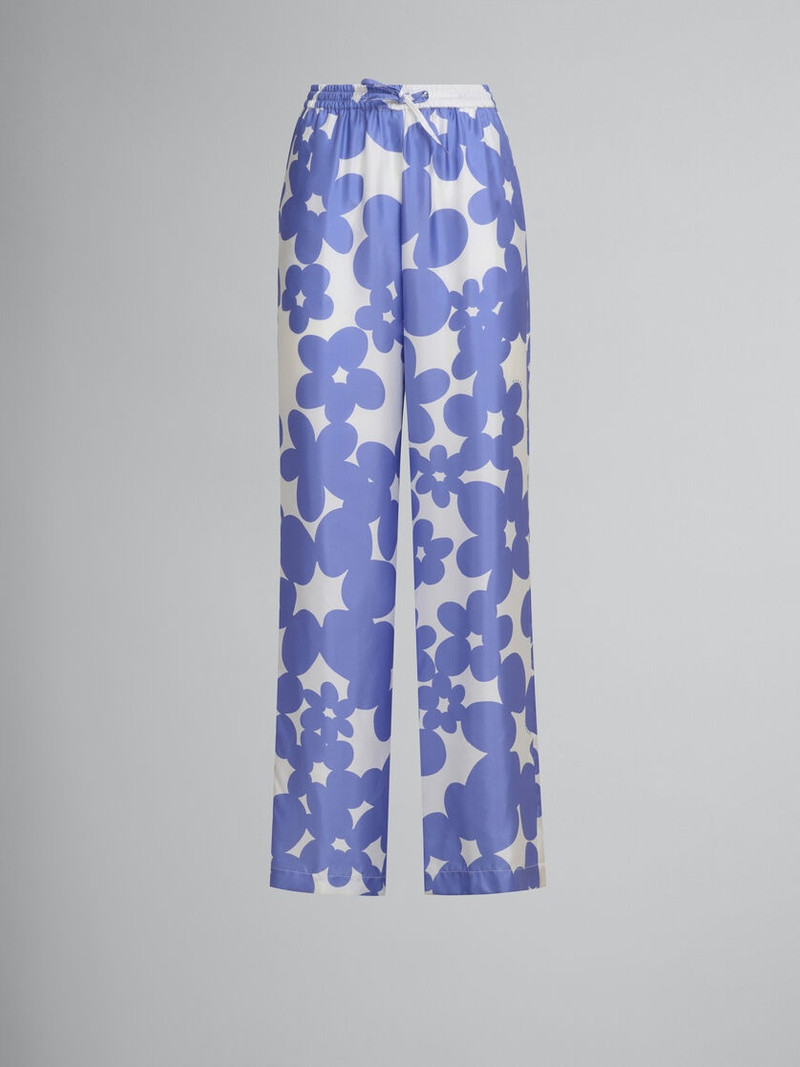 SILK PYJAMA TROUSERS WITH WHITE AND LIGHT BLUE DILLIES PRINT - 1