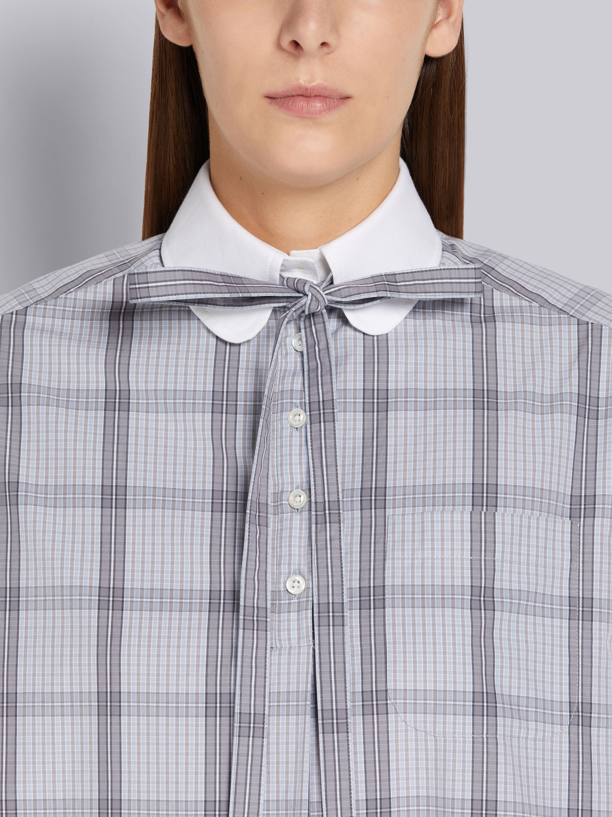 Medium Grey Small Grid Windowpane Check Poplin Bow Tie Blouson Long-sleeved Knee-length Shirtdress - 4