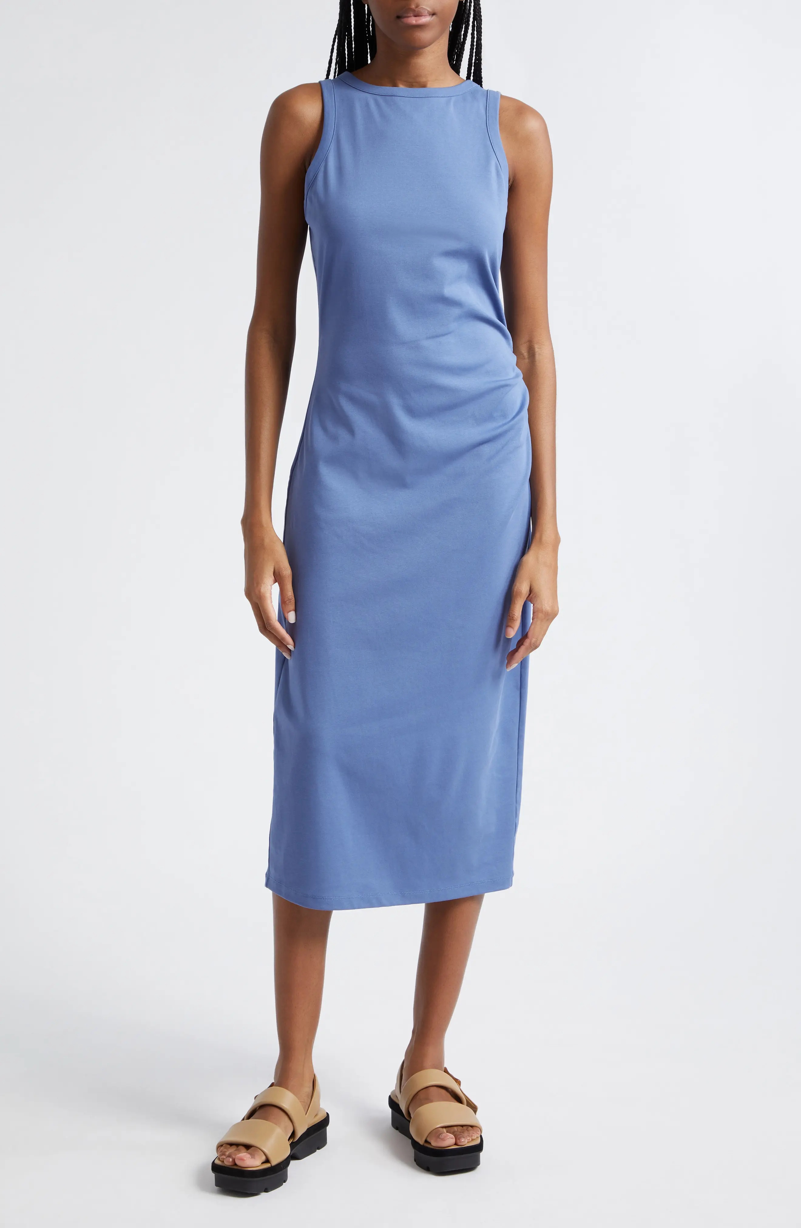 Side Drape Stretch Cotton Midi Dress - 1