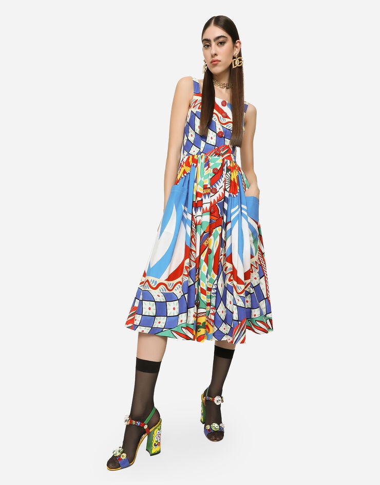 Carretto-print poplin calf-length dress - 5