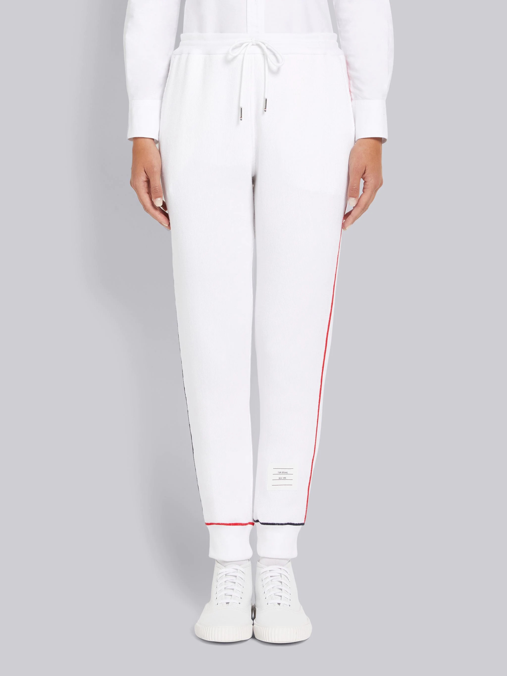 White Mesh Back Cotton Rib Contrast Cover Stitch Sweatpants - 1