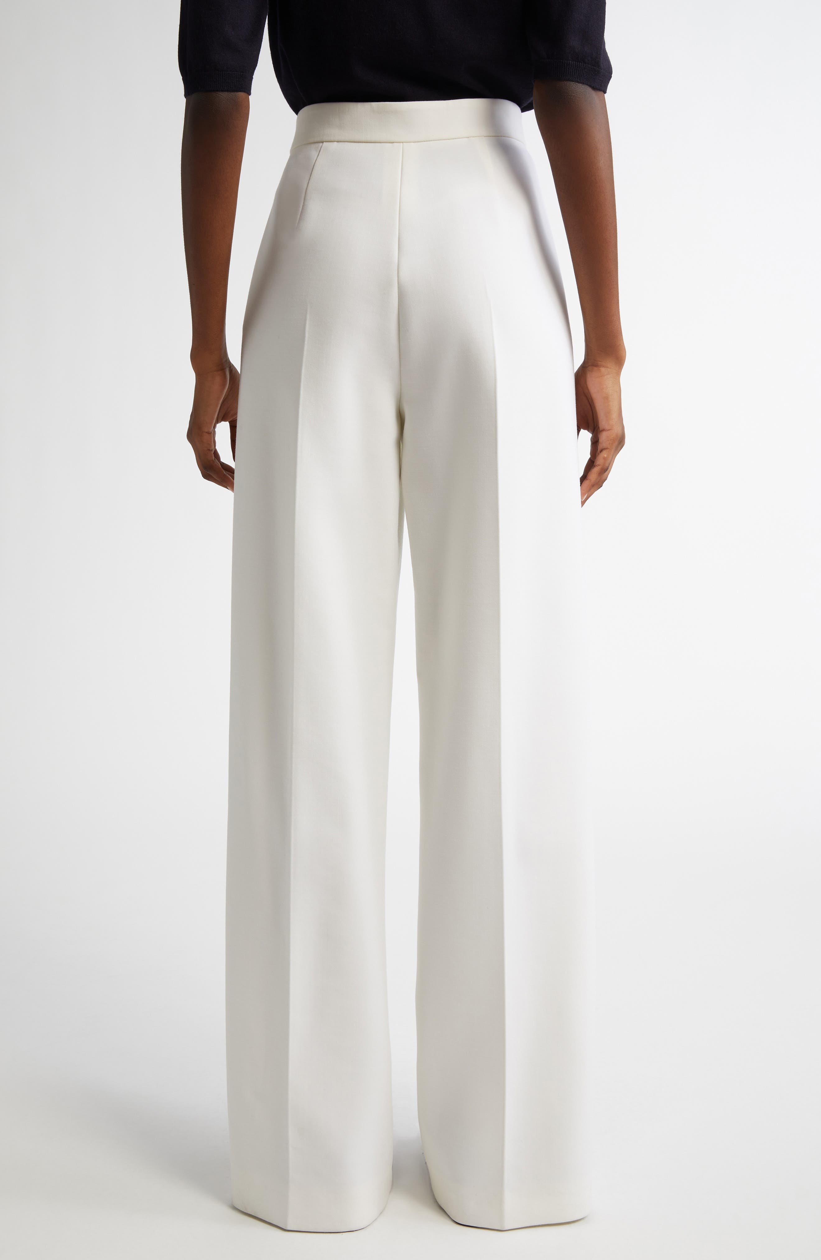 Max Mara Polonia Wide Leg Stretch Virgin Wool Canvas Pants in White at Nordstrom - 3