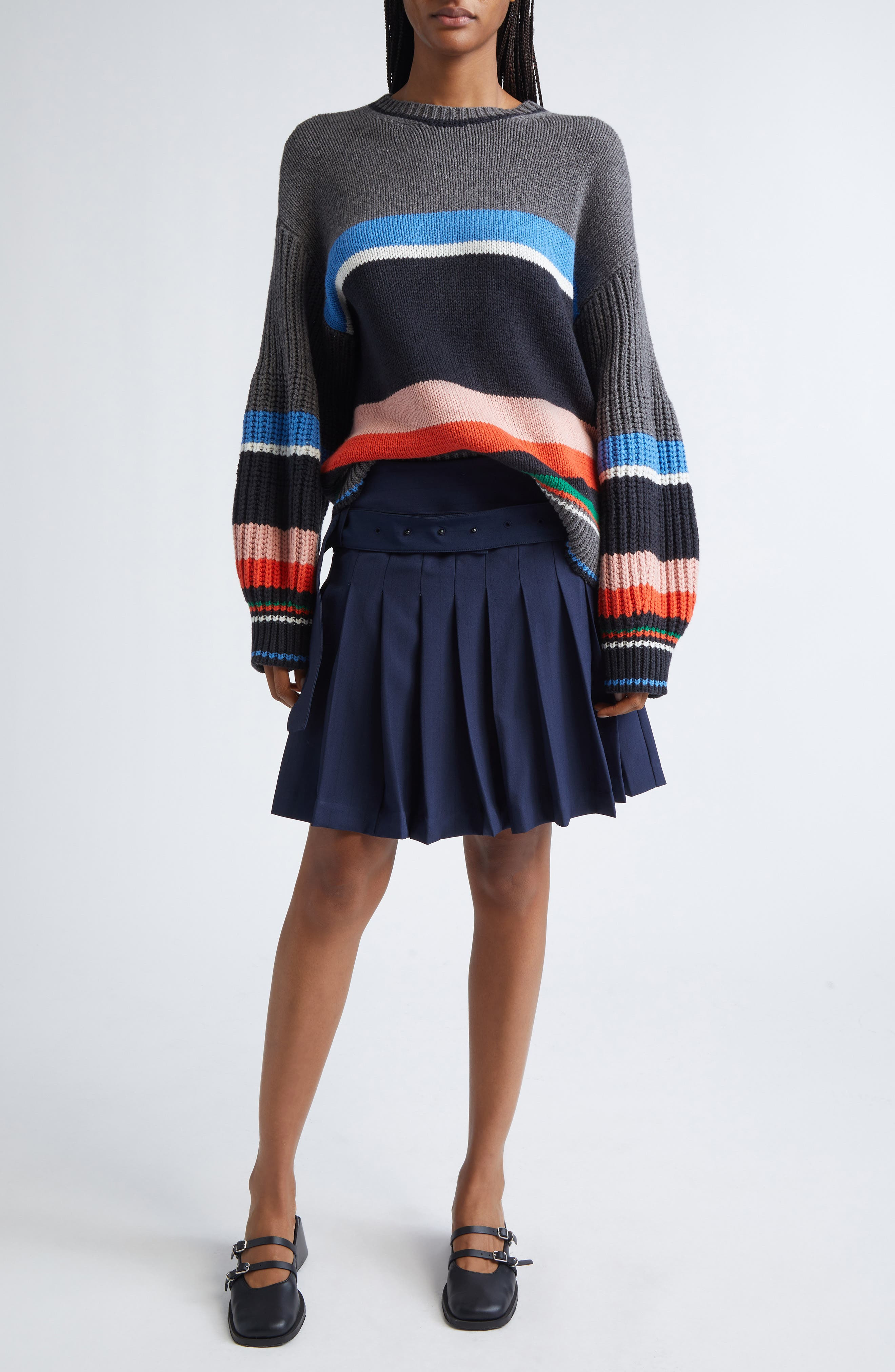 Stine Goya Pinstripe Belted Pleated Skirt in Dark Blue at Nordstrom - 2