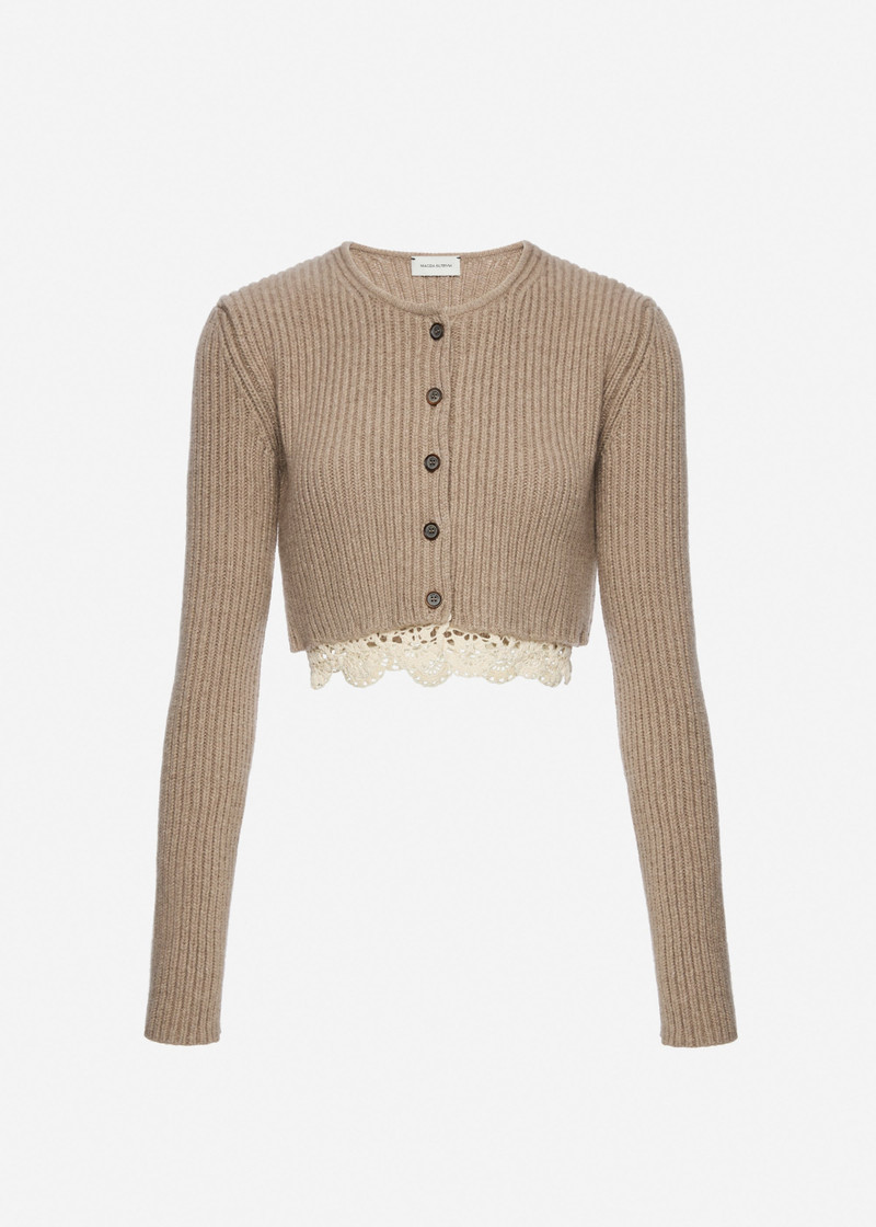 Long-sleeve crochet-trim cropped cardigan in beige 1