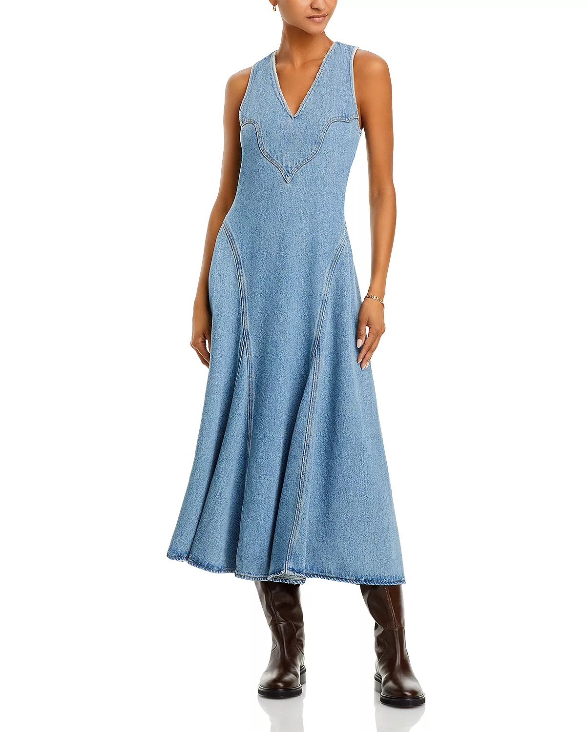 Western Sleeveless Denim Midi Dress - 1