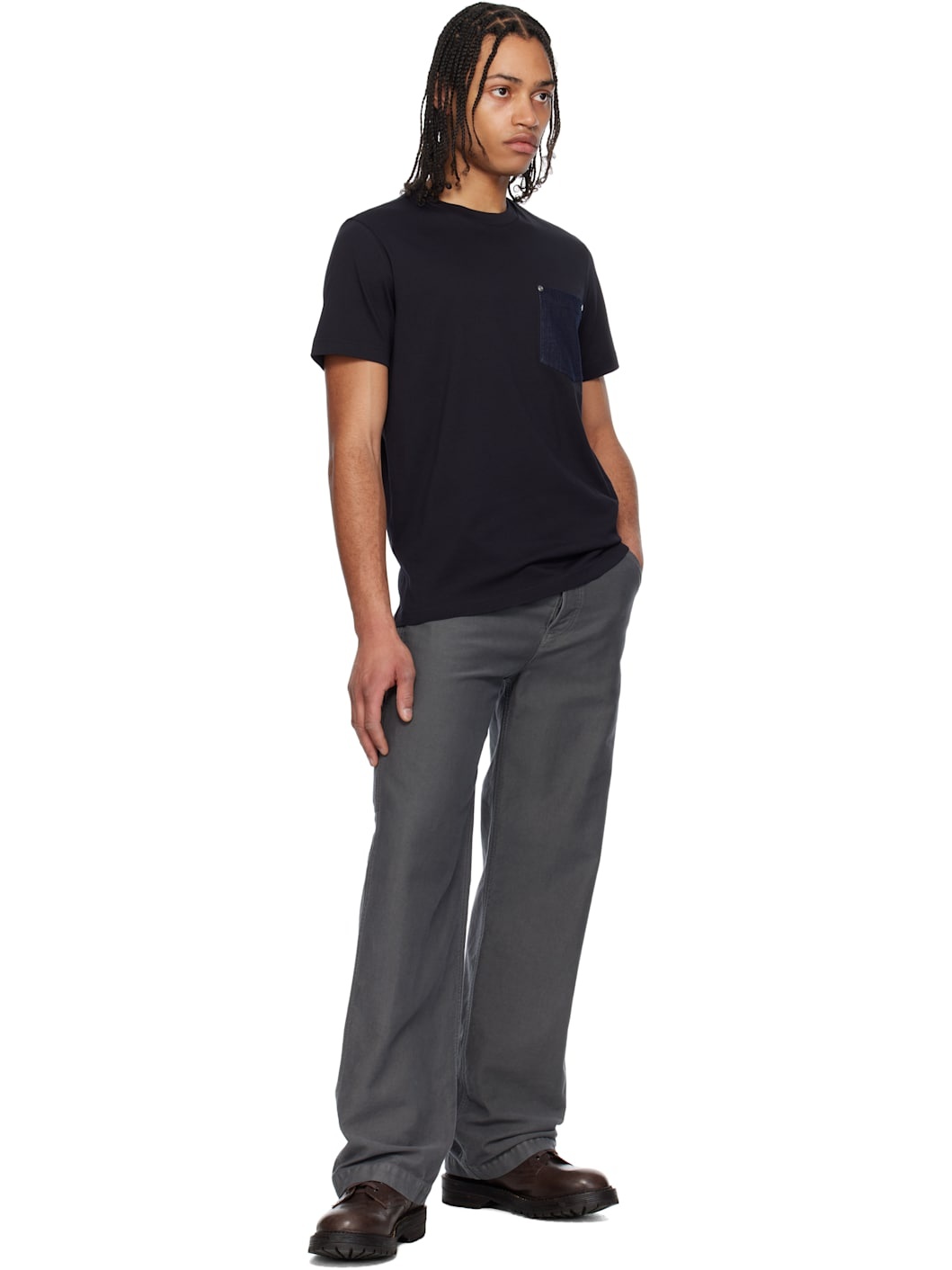 Navy Cotton & Denim Pocket T-shirt - 5
