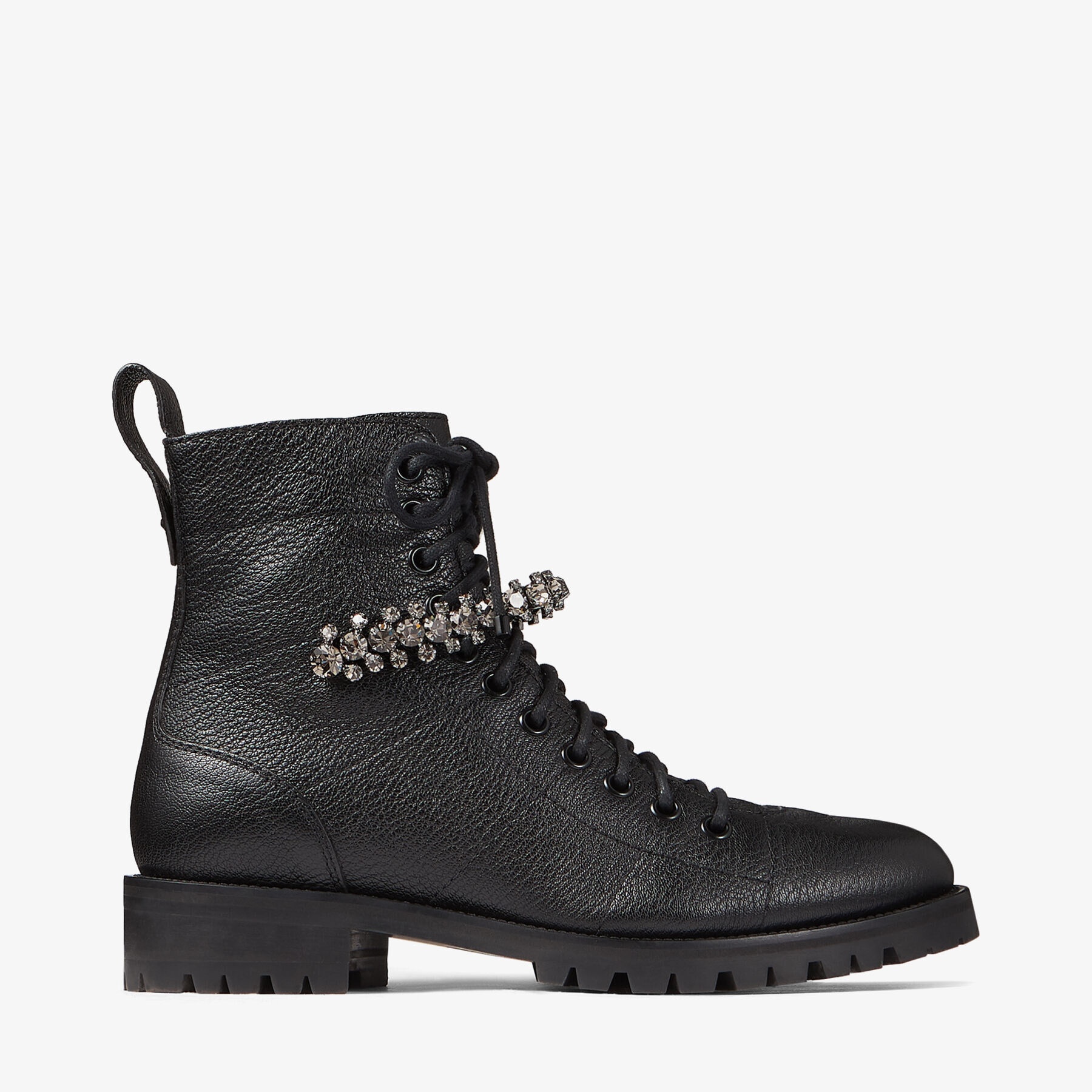 Cruz Flat
Black Grainy Leather Combat Boots with Crystal Detail - 1