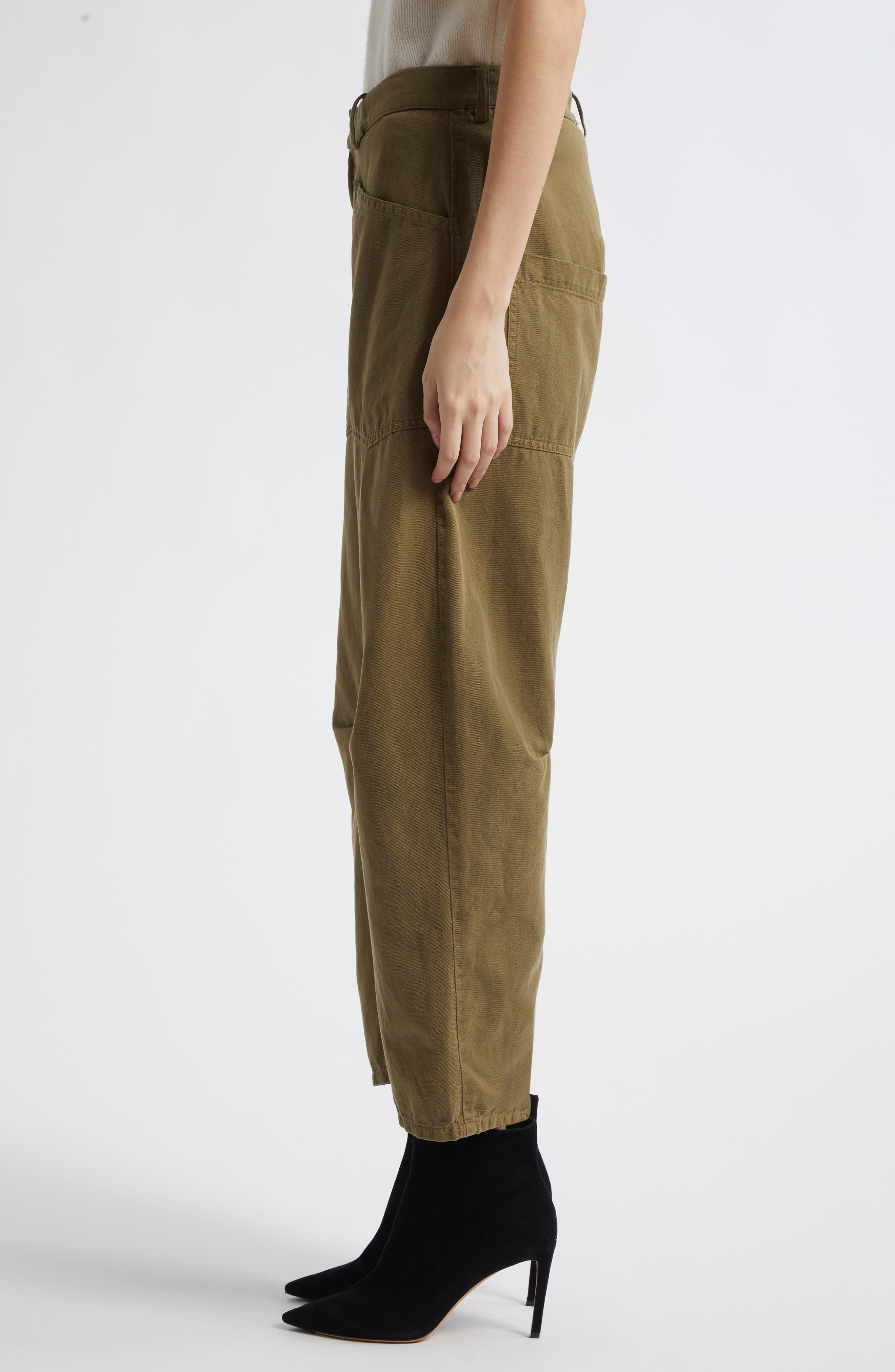 Nili Lotan Shon Barrel Leg Cotton Twill Pants in Olive Green at Nordstrom - 4