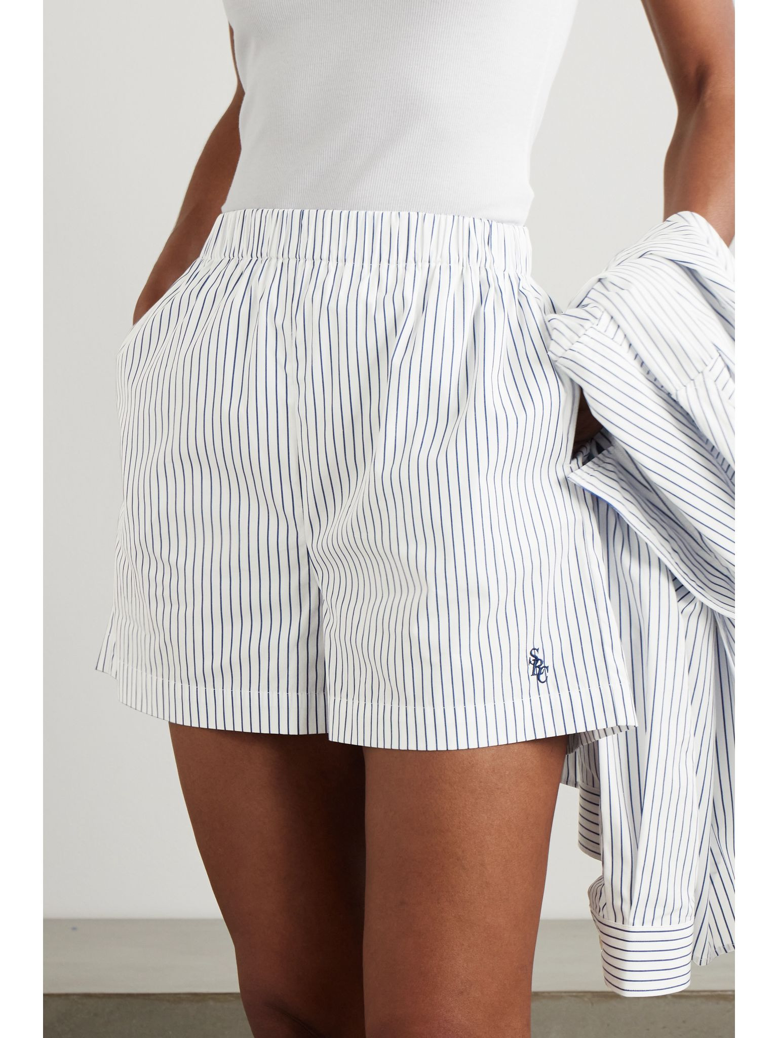 SRC embroidered striped cotton-poplin shorts Light blue - 3