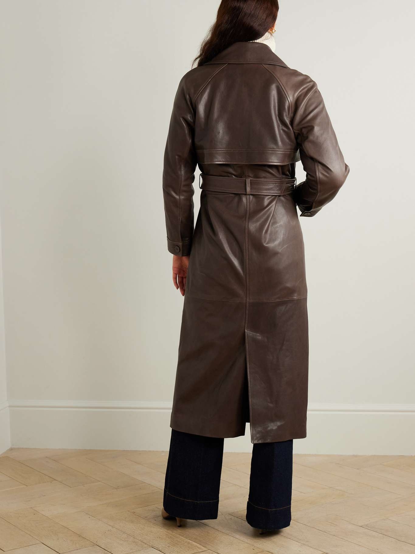 Valetta double-breasted belted leather trench coat Dark brown - 3