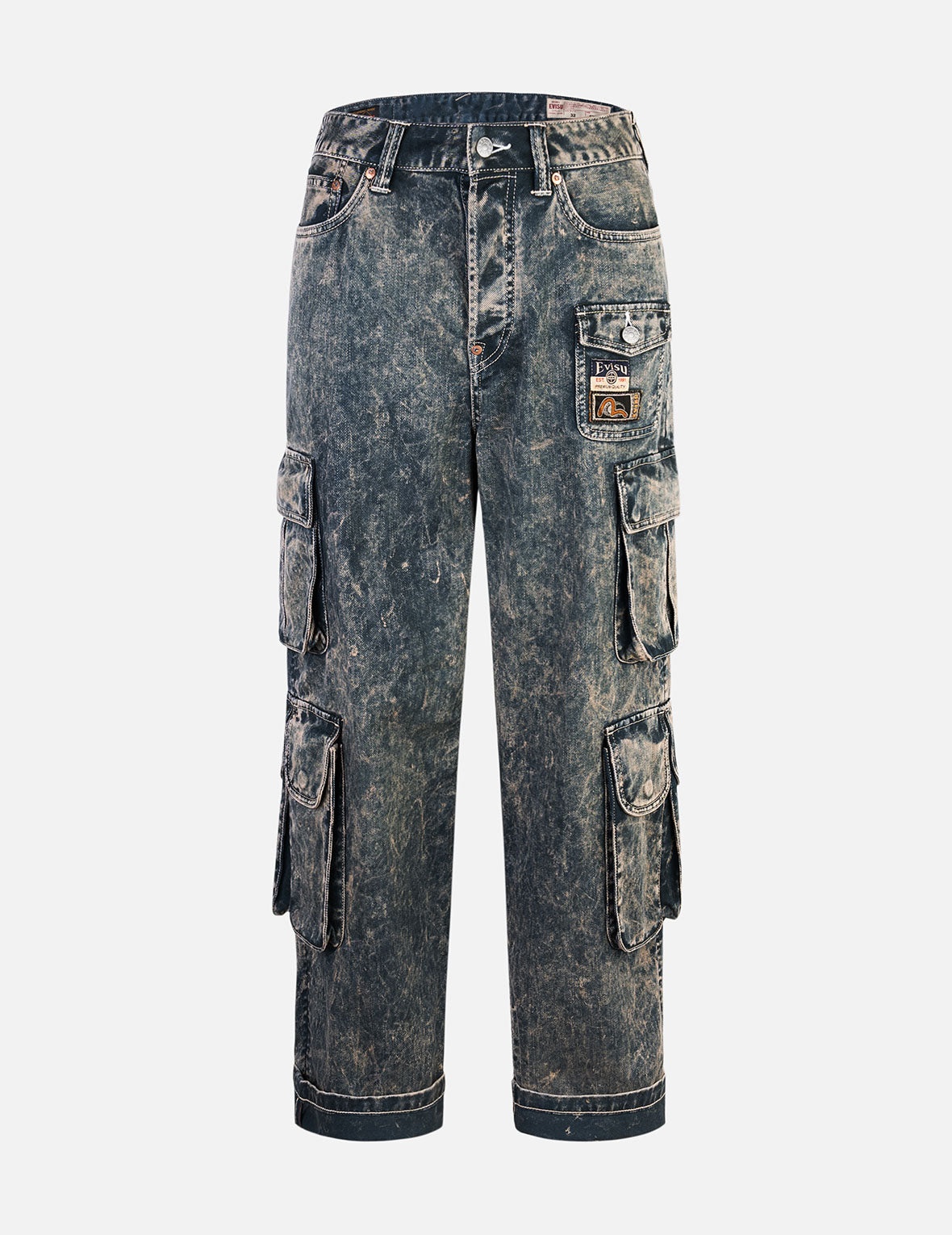Seagull Print and Multi-Pockets Acid Wash Baggy Cargo Jeans - 11