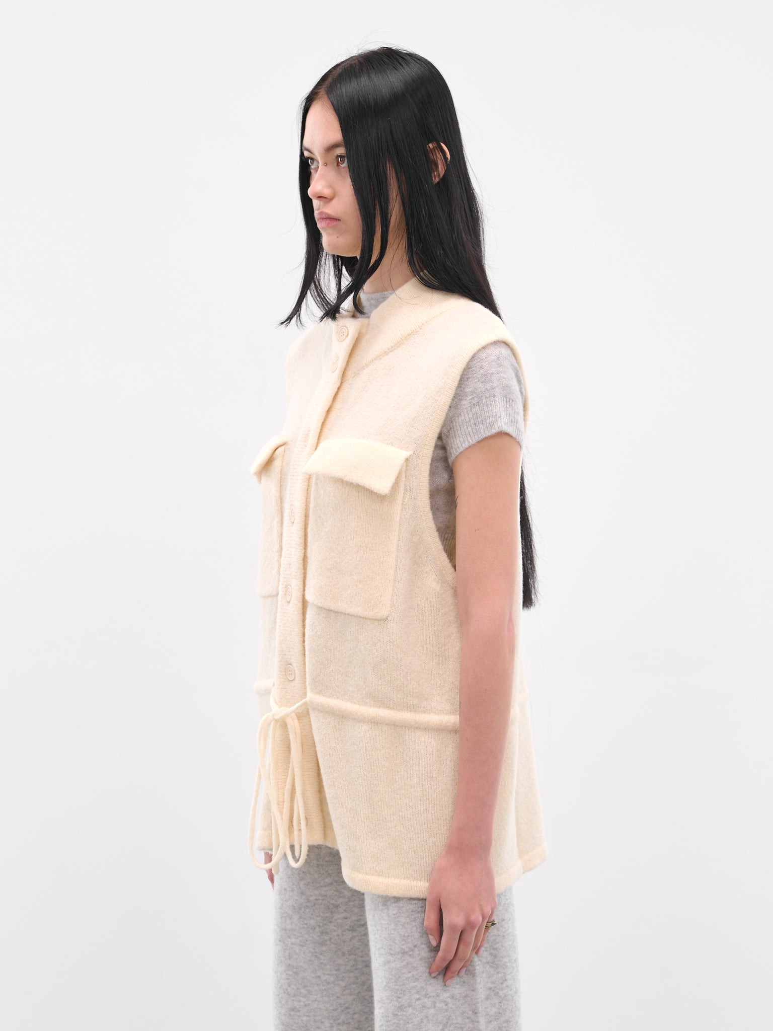 Cream Tied Buttoned Knit Vest - 2