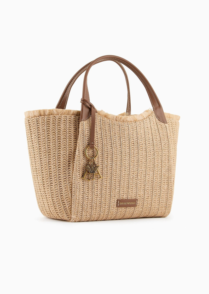 EMPORIO ARMANI Woven straw shopper bag with logo charm outlook
