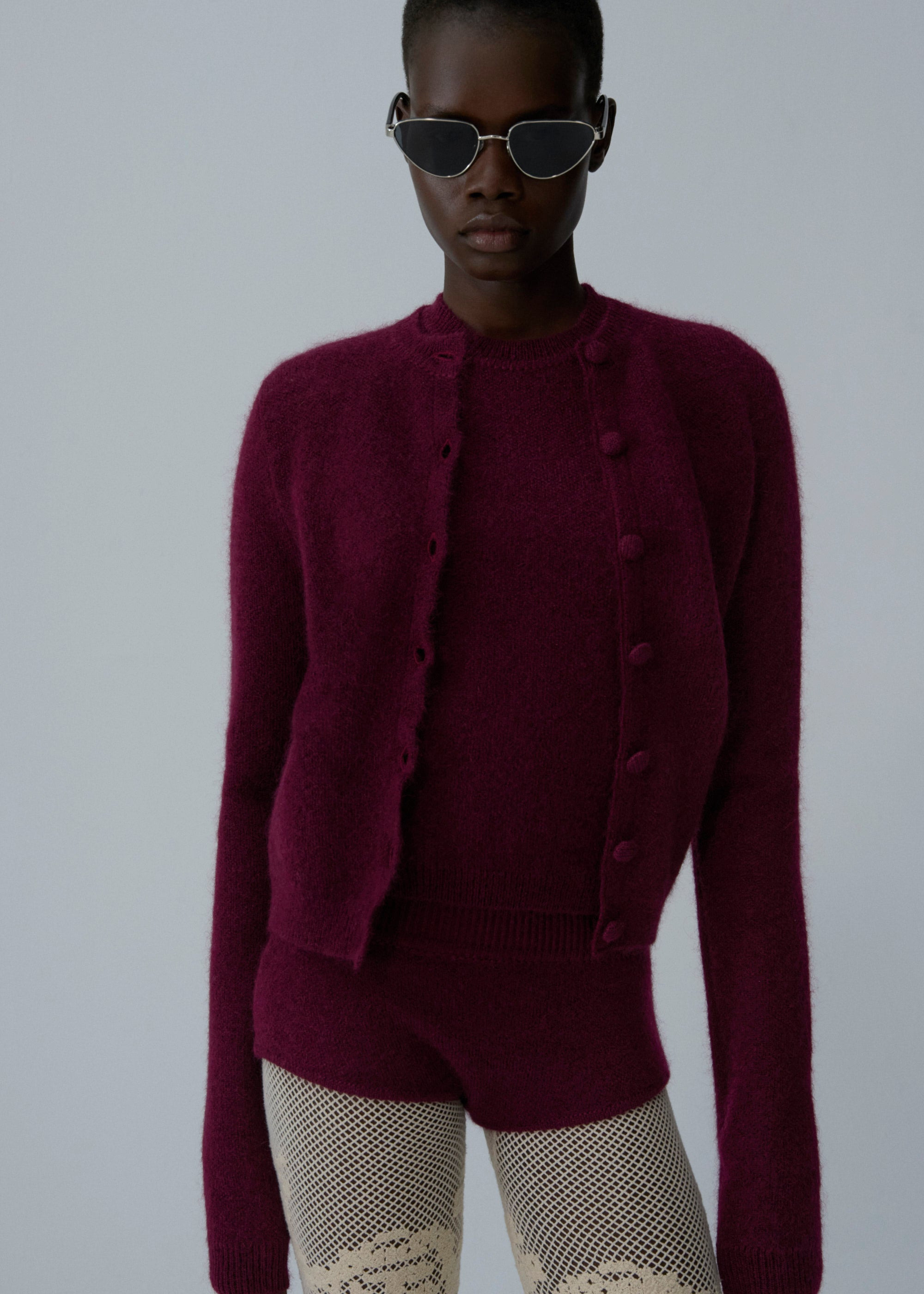 Short-sleeve mohair knit top in burgundy - 4