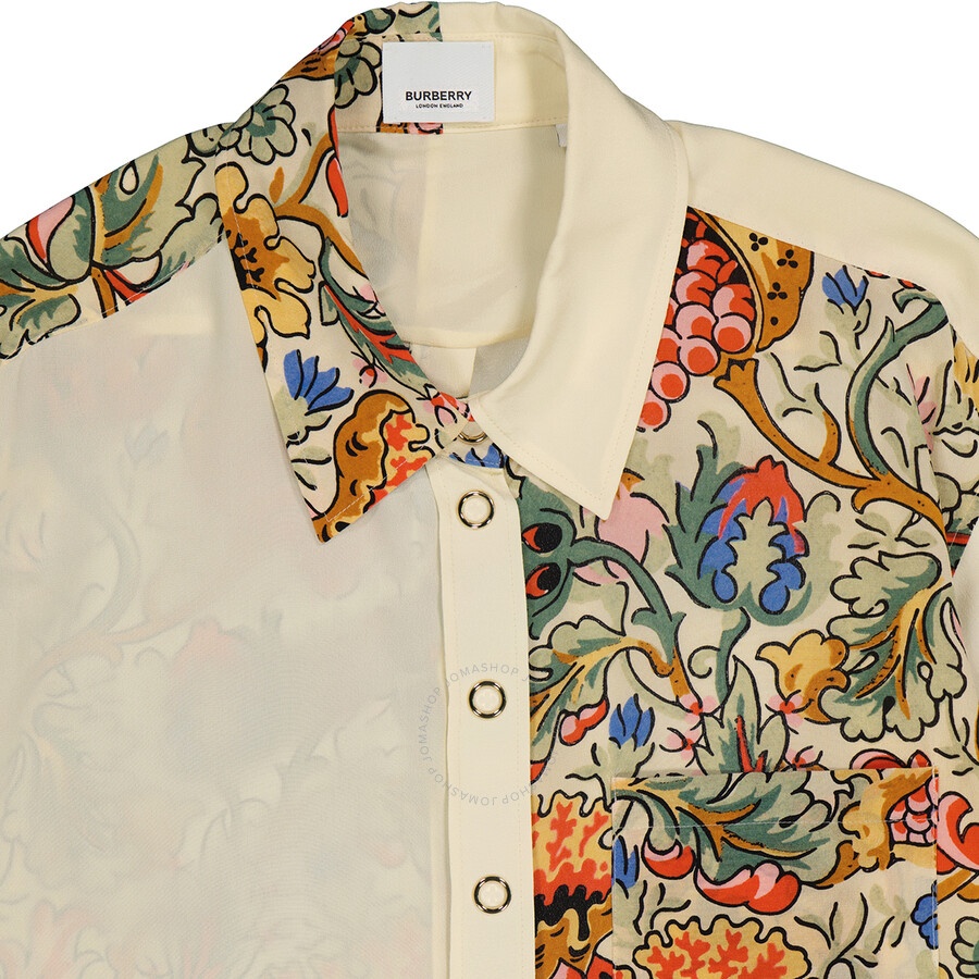 Burberry Ladies Vanilla Juliette Floral-print Paneled Silk Oversized Shirt - 7