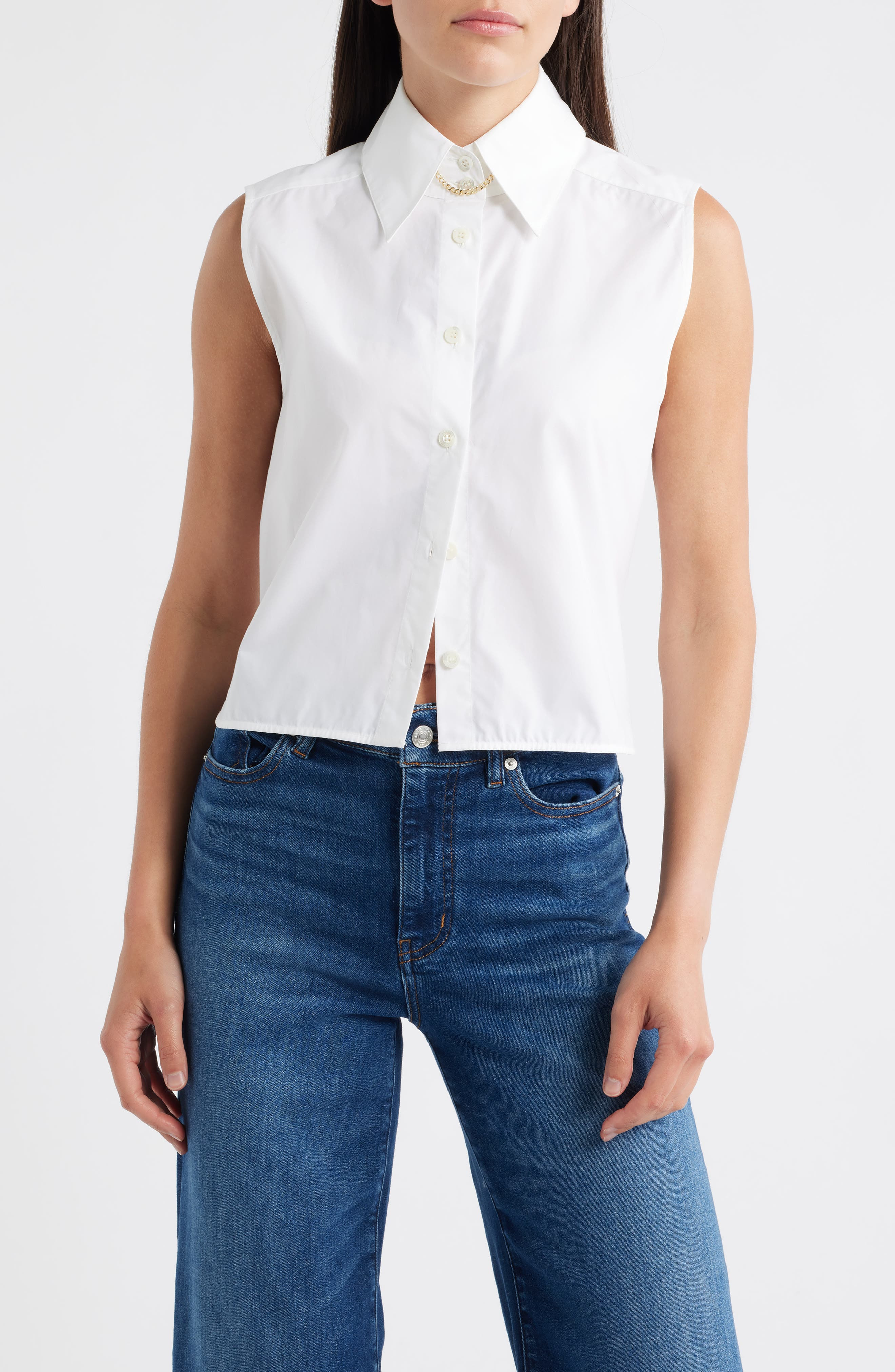 FRAME The Prep Embellished Sleeveless Button-Up Shirt in White at Nordstrom - 1