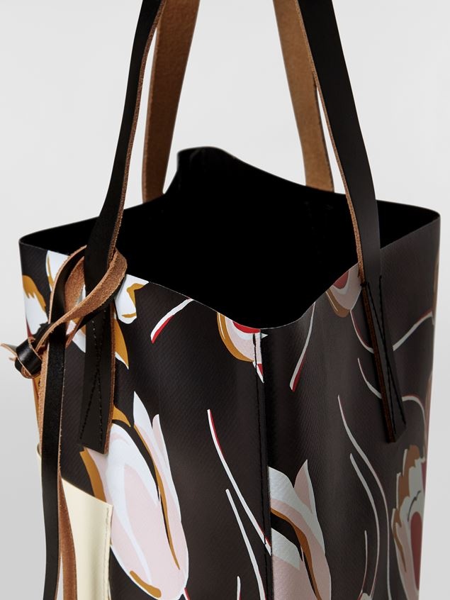 BLACK WINDBLOWN PRINT PVC SHOPPING BAG WITH CALFSKIN HANDLES - 4