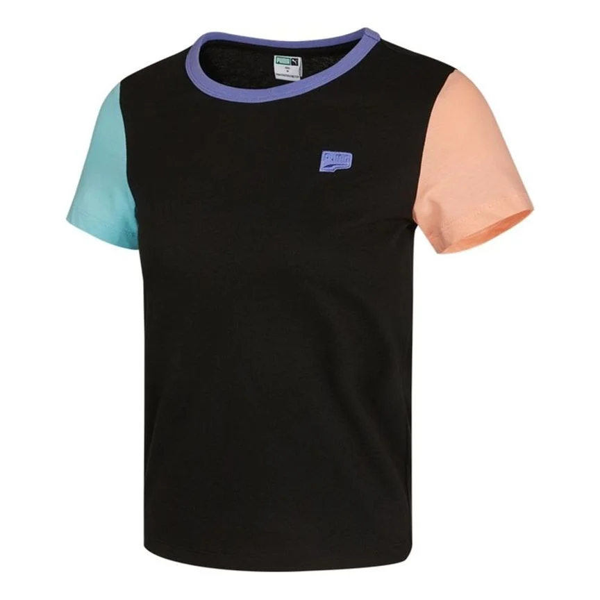 (WMNS) PUMA Casual Colorblock Round Neck Short Sleeve Black 531441-01 - 1