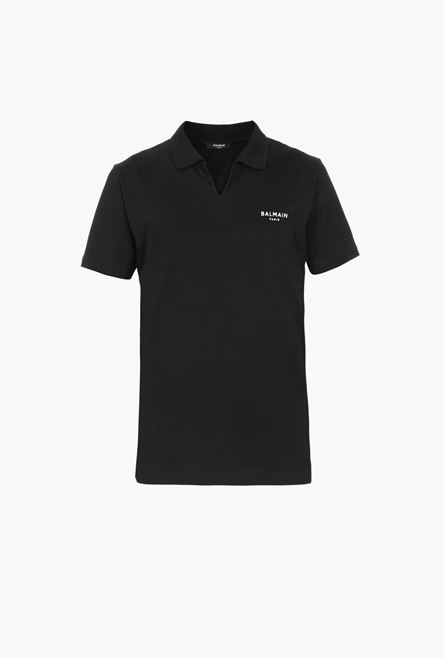 Black sustainable cotton polo with small white velvet Balmain Paris logo - 1