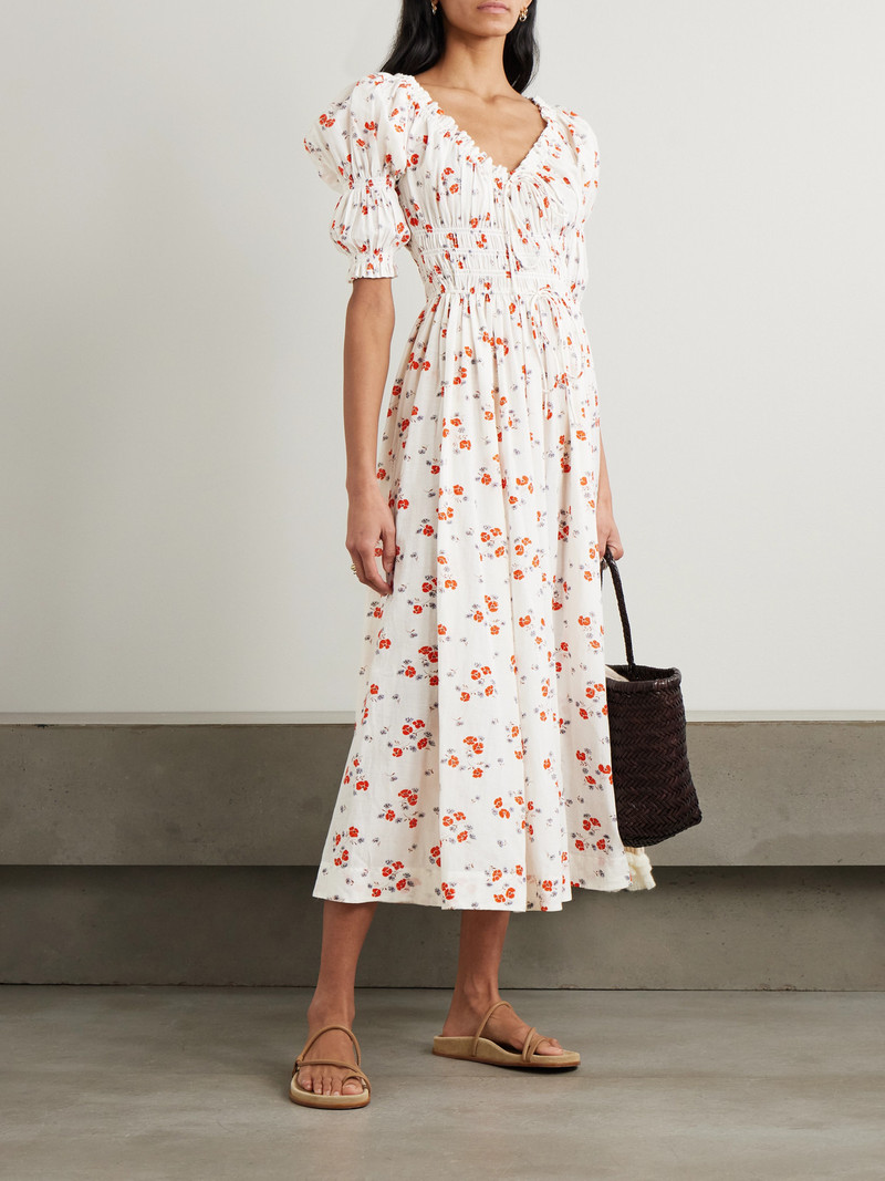 DÔEN Ischia Shirred Floral-print Organic Cotton-blend Voile Midi Dress outlook