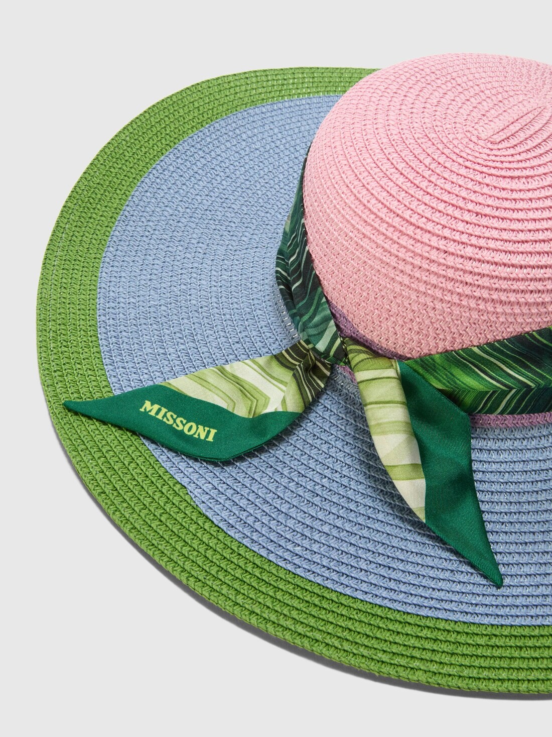 Wide Brim Straw Hat with Geometric Scarf - 2