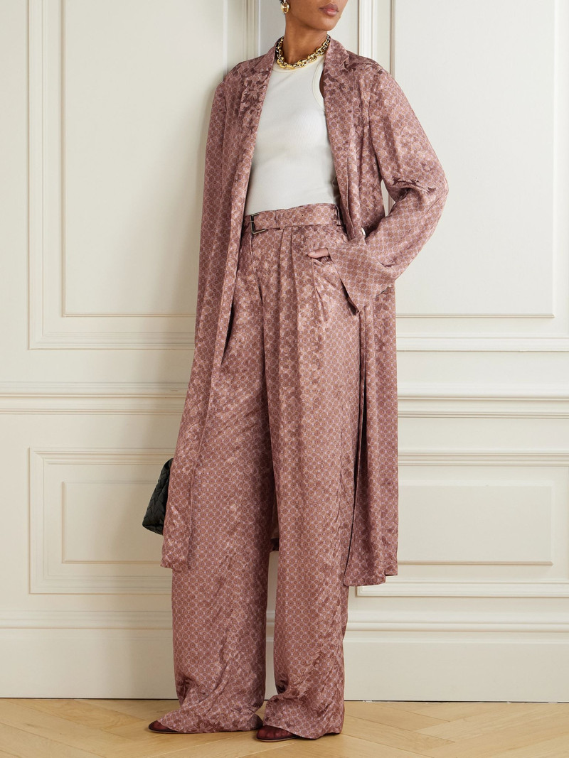 Dries Van Noten Belted pleated printed satin-jacquard wide-leg pants Peach outlook