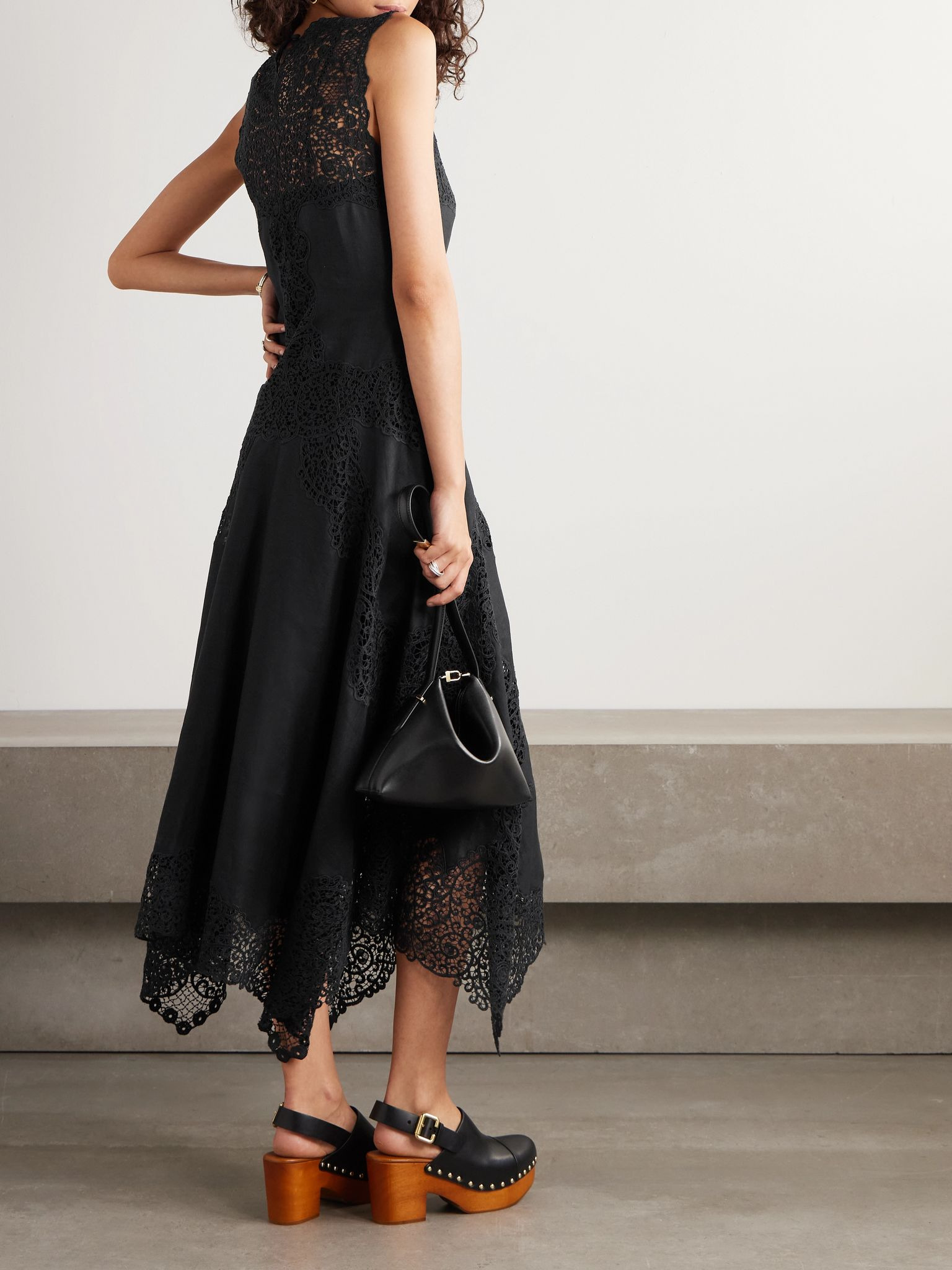 Arlette asymmetric guipure lace-trimmed linen midi dress Black - 3