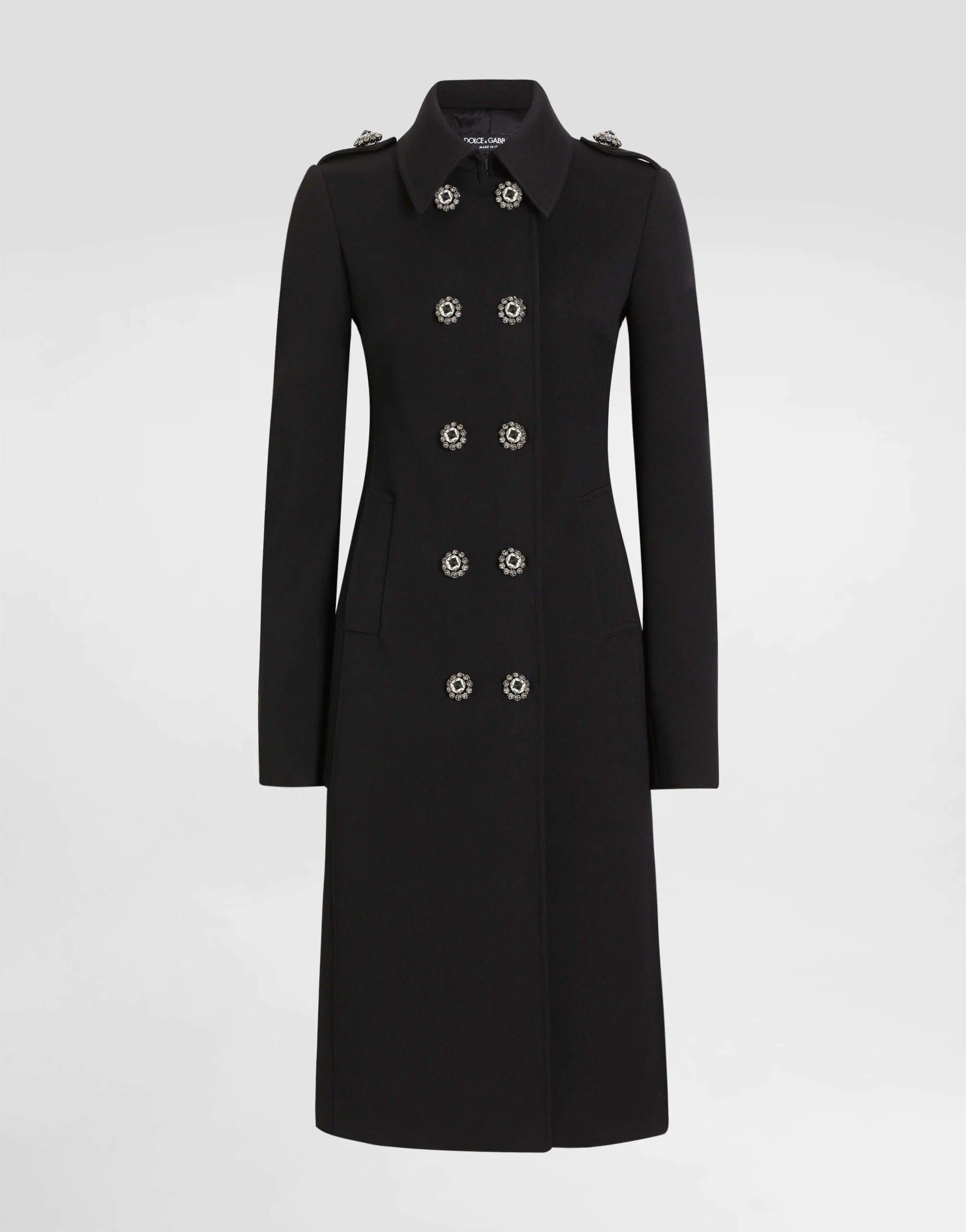 Double-breasted wool coat with bejeweled buttons - 1