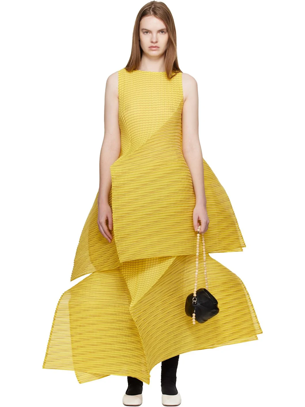 Yellow Generic Stripes Machine Pleats Minidress - 1