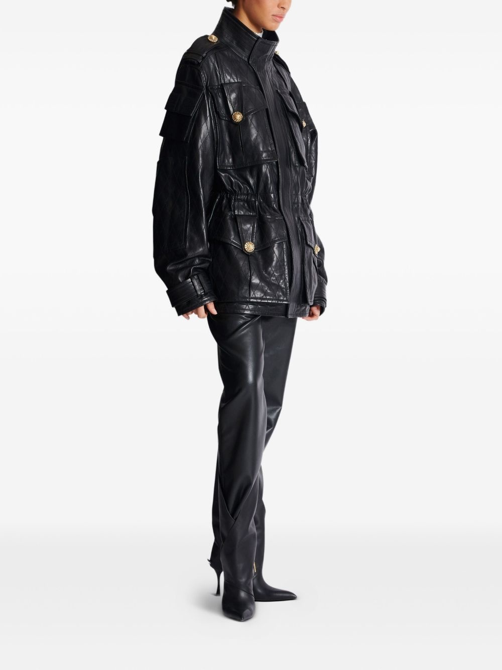 diamond-stitched leather parka coat - 3