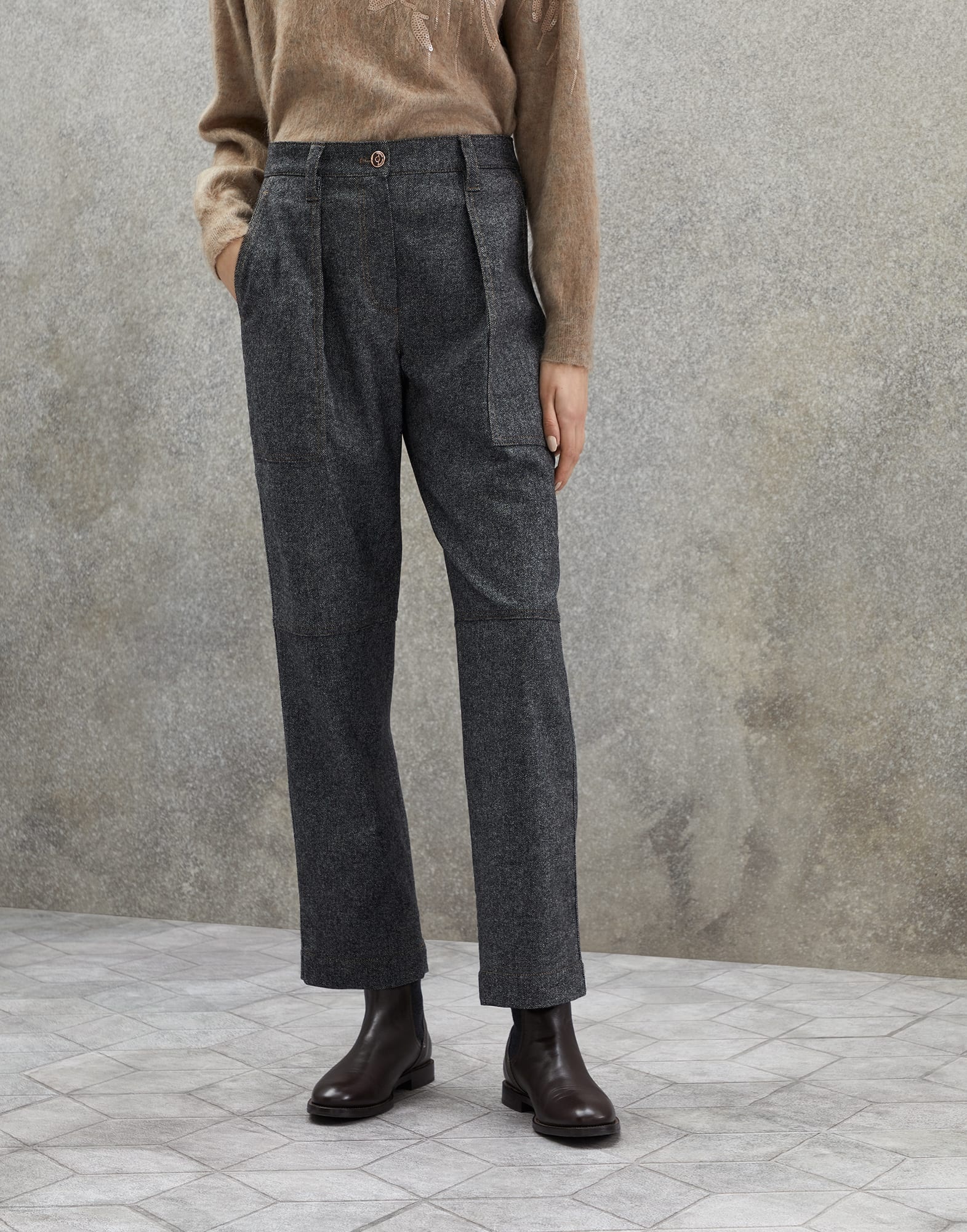 Comfort virgin wool and cashmere grisaille sartorial utility trousers with shiny tab - 1