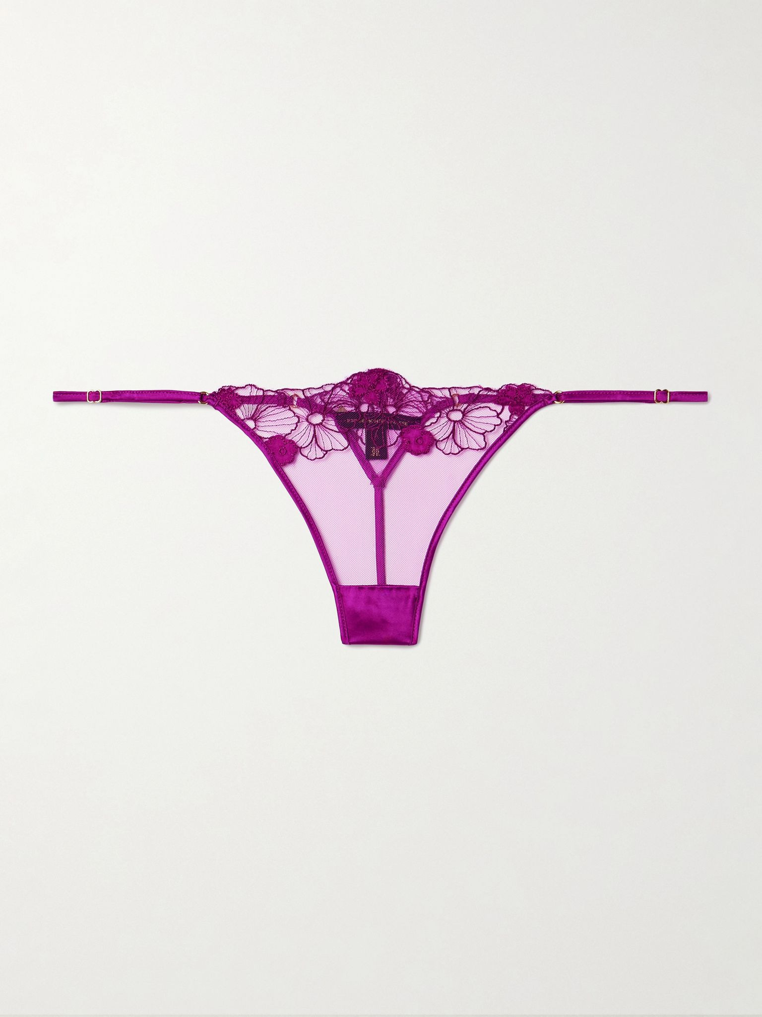 Violet satin-trimmed appliquéd embroidered tulle thong Violet - 1