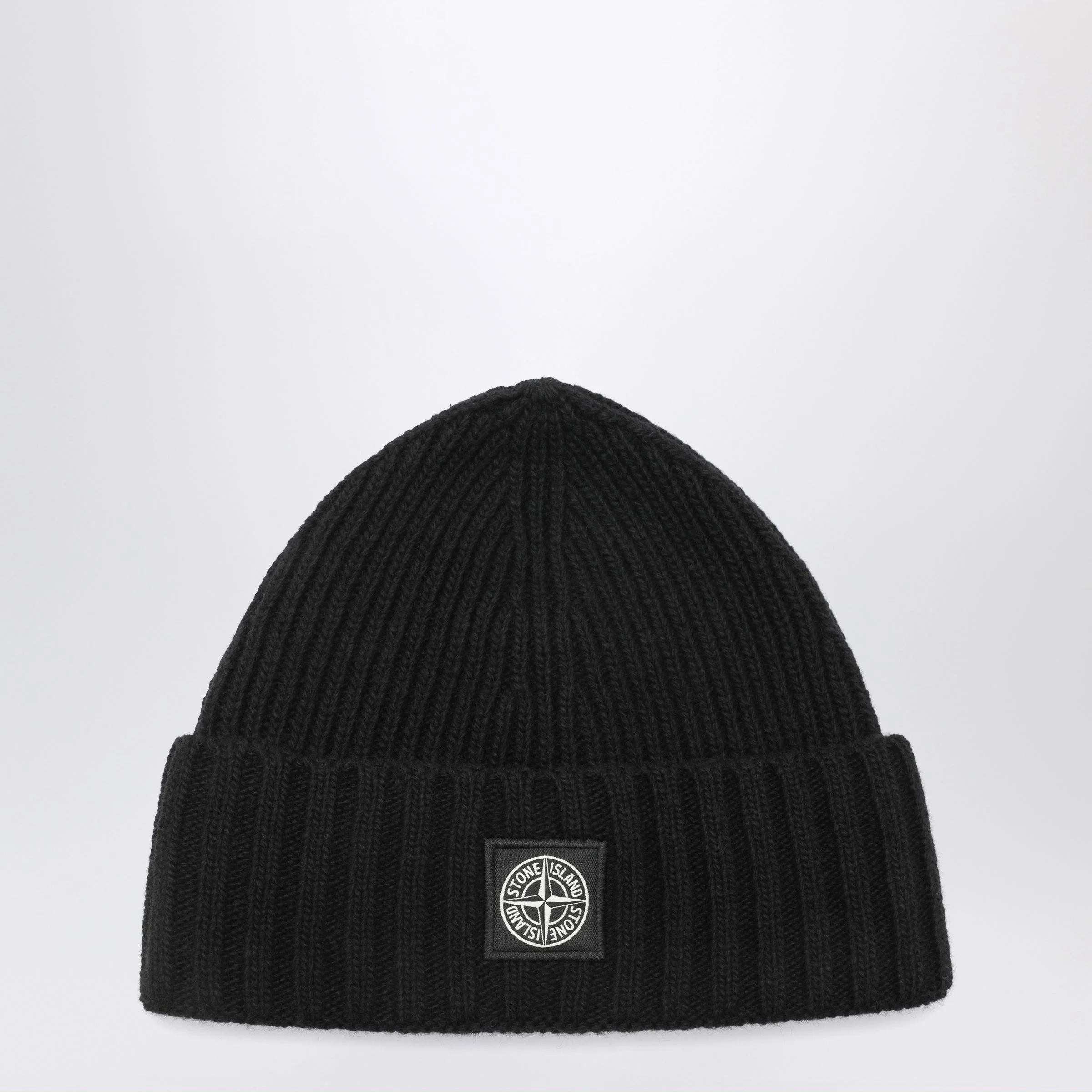 Black wool-blend beanie with logo patch - 1