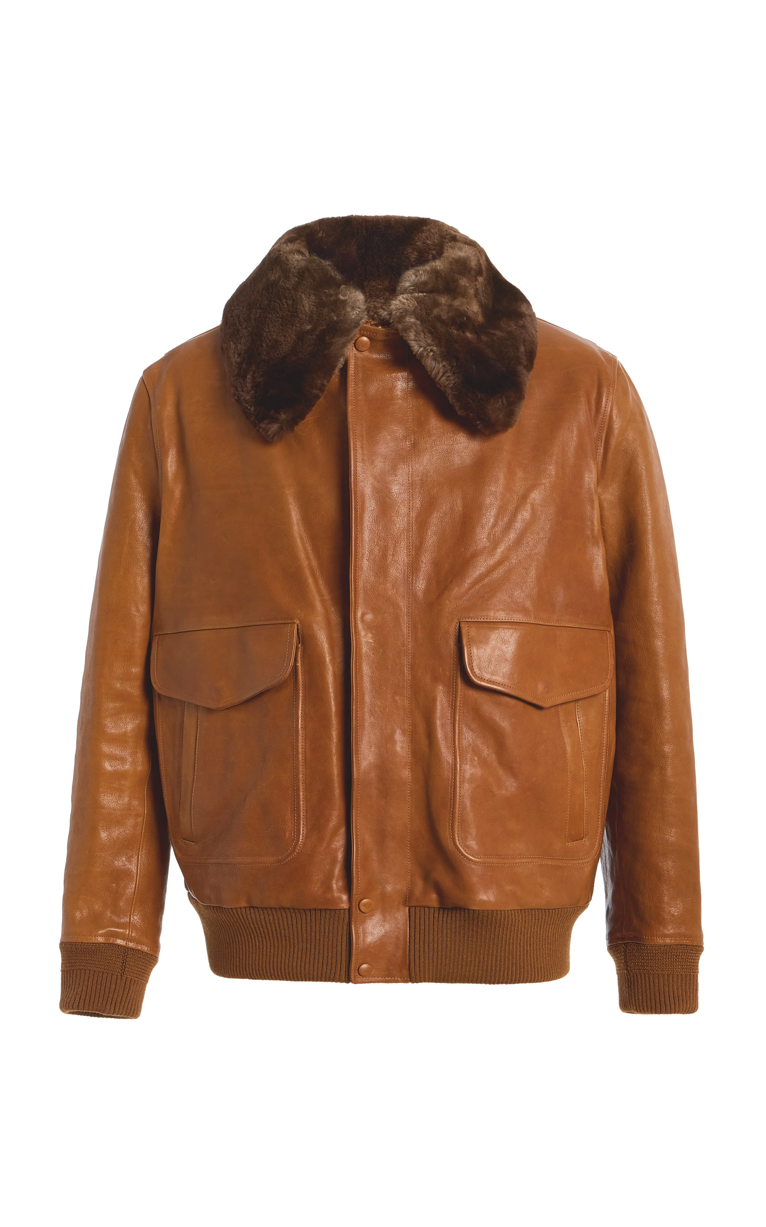 Grant Bomber Jacket in Cognac Vachetta Leather with Recycled Fur Collar - 1