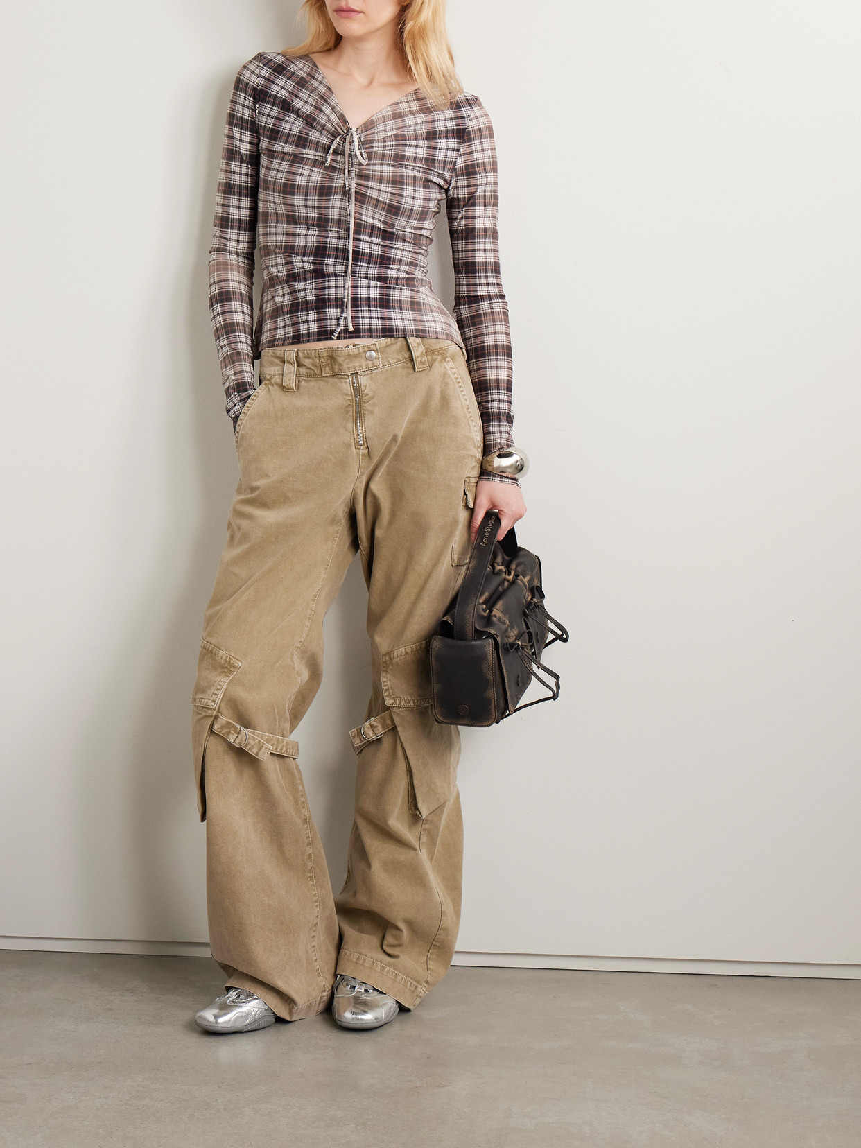 Ruched Checked Stretch-jersey Top - 2