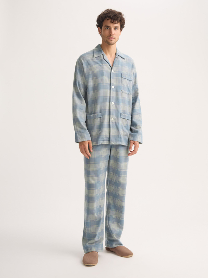 Men's Classic Fit Pajamas Kelburn Brushed Cotton Storm Blue & Ecru Check 1