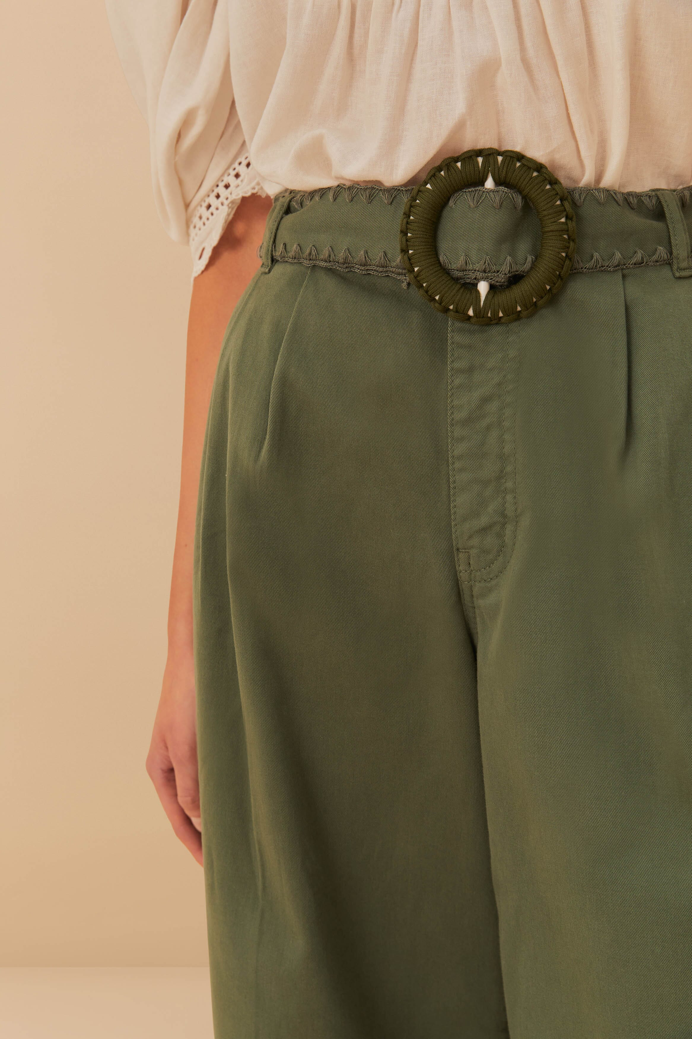 Green Twill Pleated Wide Pants - 3