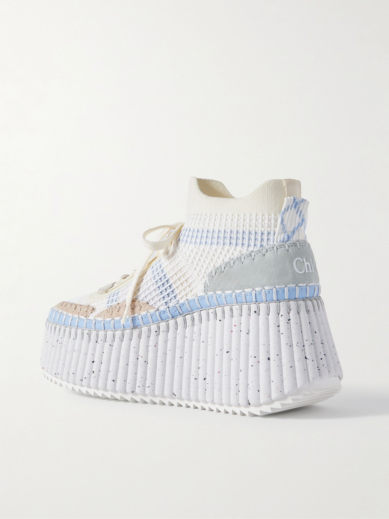 Nama Leather-trimmed embroidered suede and mesh platform sneakers White - 3