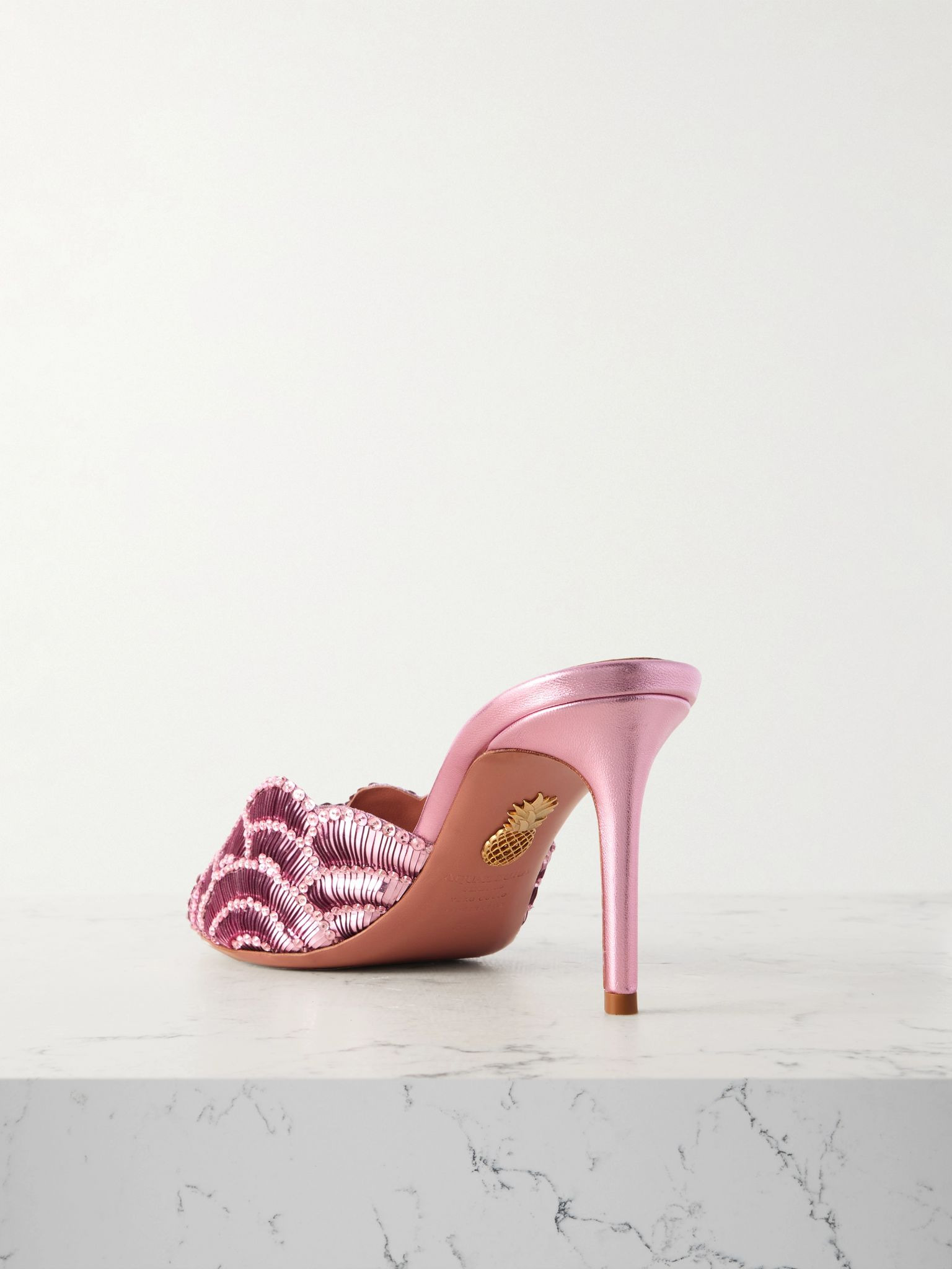 Ce Soir 75 embellished scalloped metallic leather mules Pink - 3