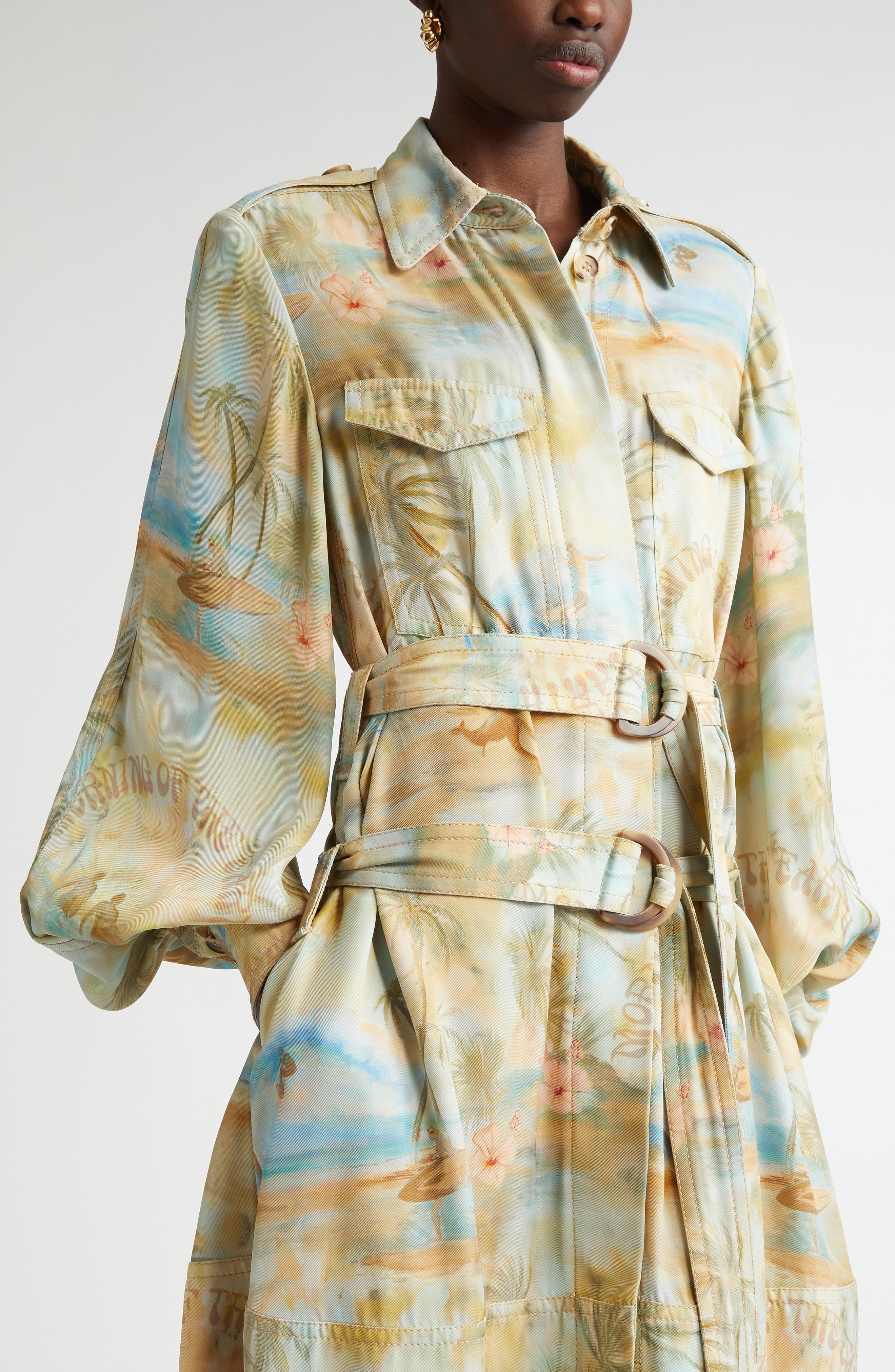 Zimmermann Tropical Print Long Sleeve Belted Cargo Shirtdress in Blue Morning at Nordstrom - 4