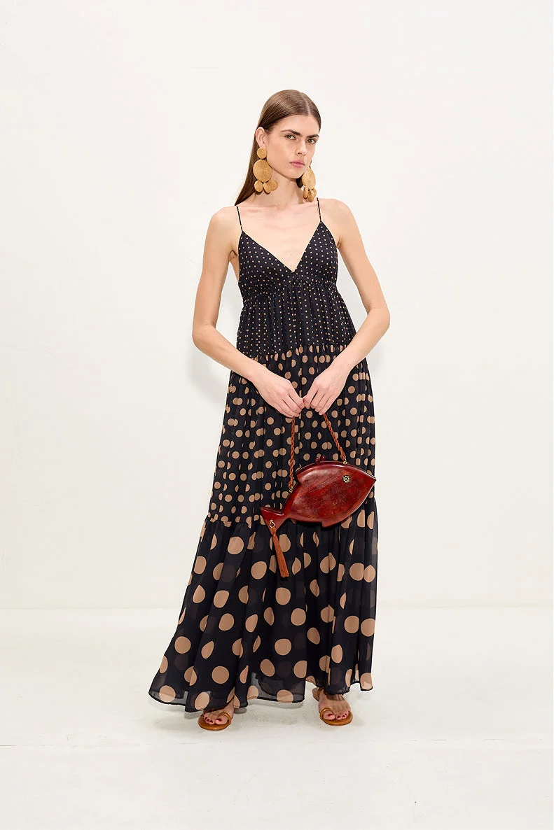 Romi Chiffon Maxi Dress In Black/Tan Polka Dot - 1