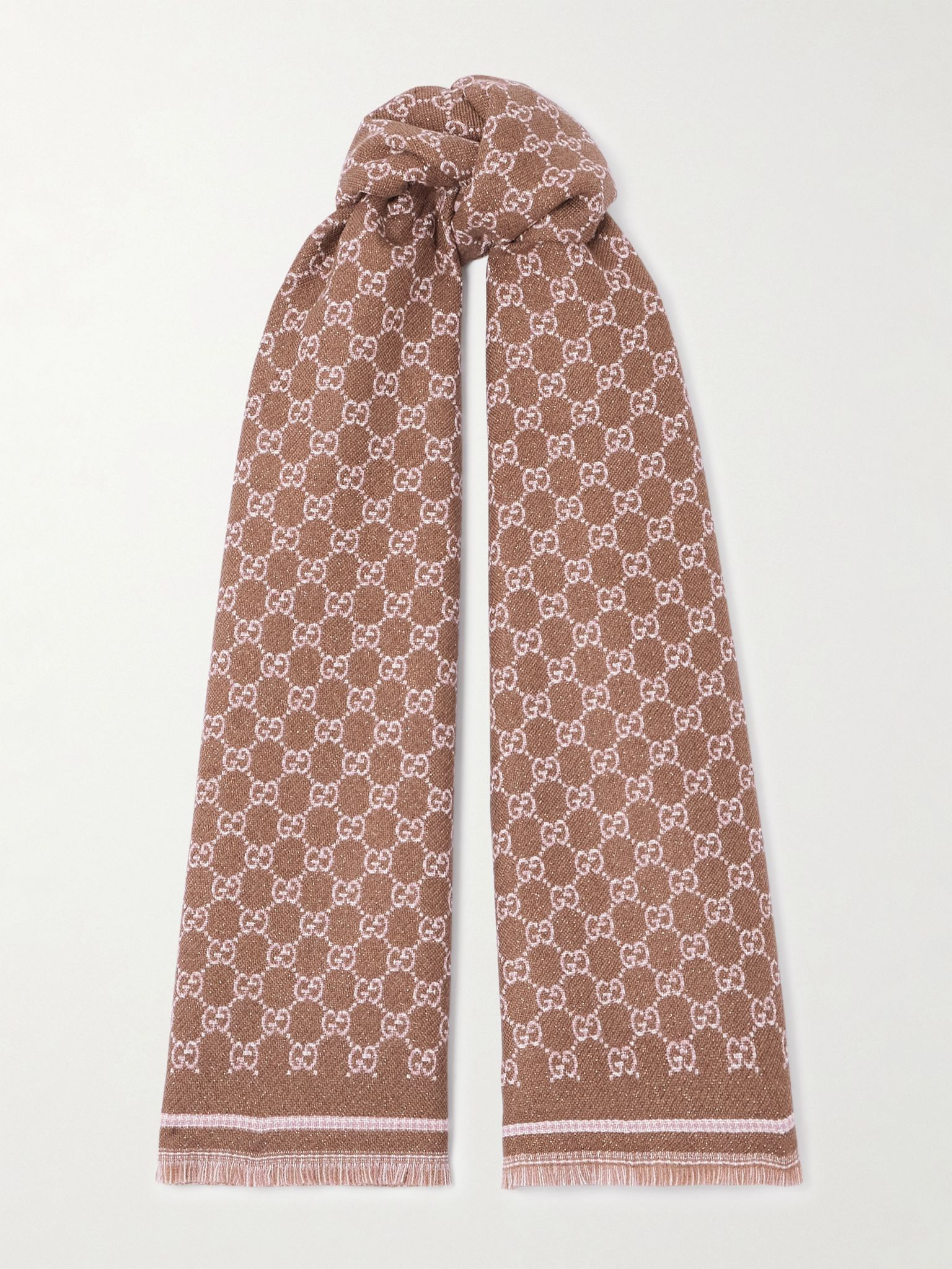 Fringed metallic wool-jacquard scarf Brown - 1