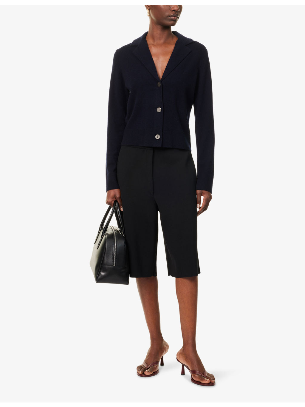 Lapel-Collar Short-Sleeves Stretch-Wool Blend Cardigan - 2